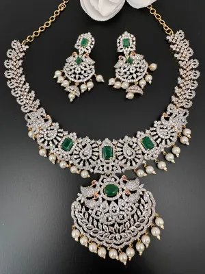 AD Diamond Finish Color Stone Peacock Design Short Necklace