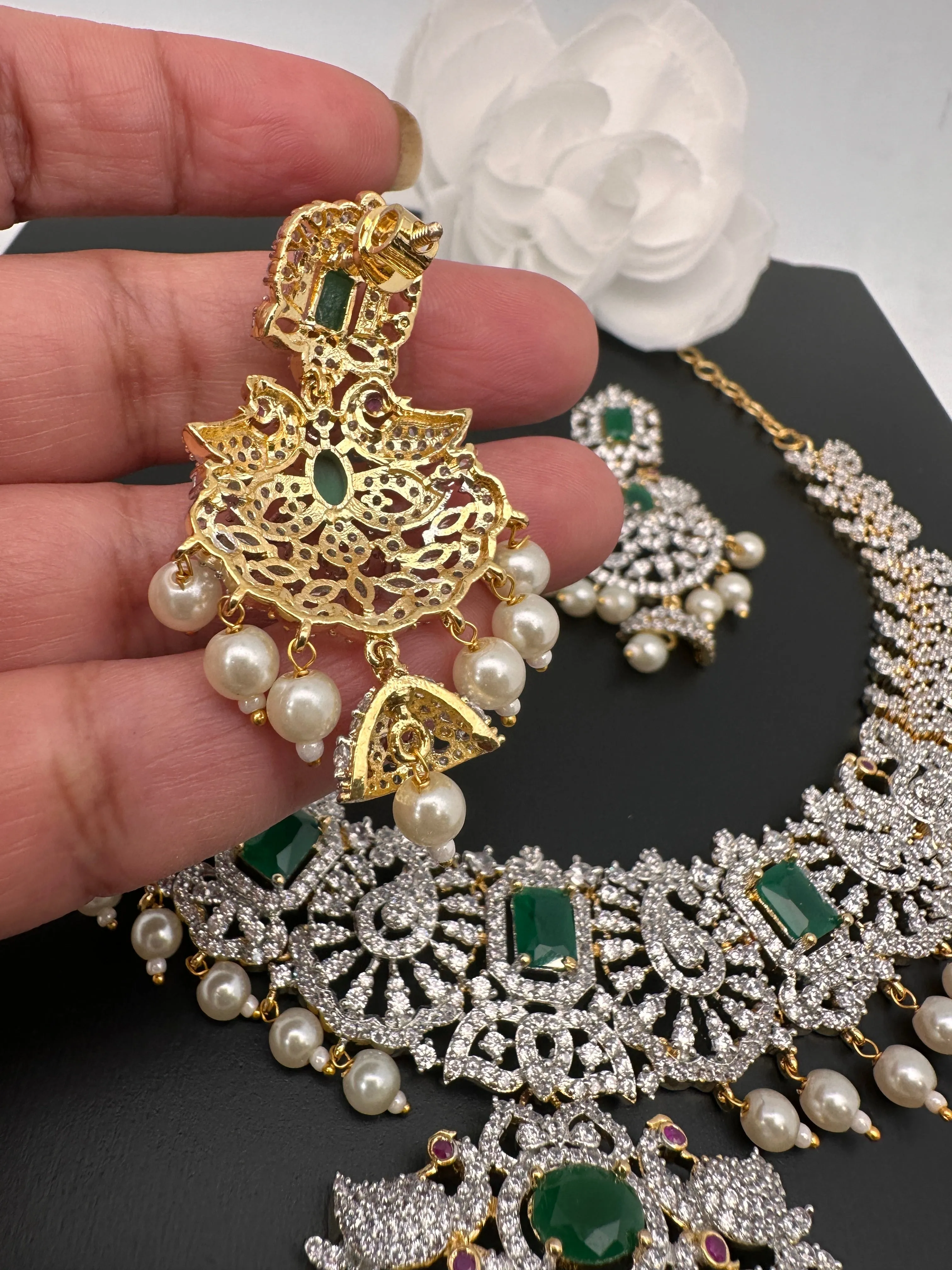 AD Diamond Finish Color Stone Peacock Design Short Necklace