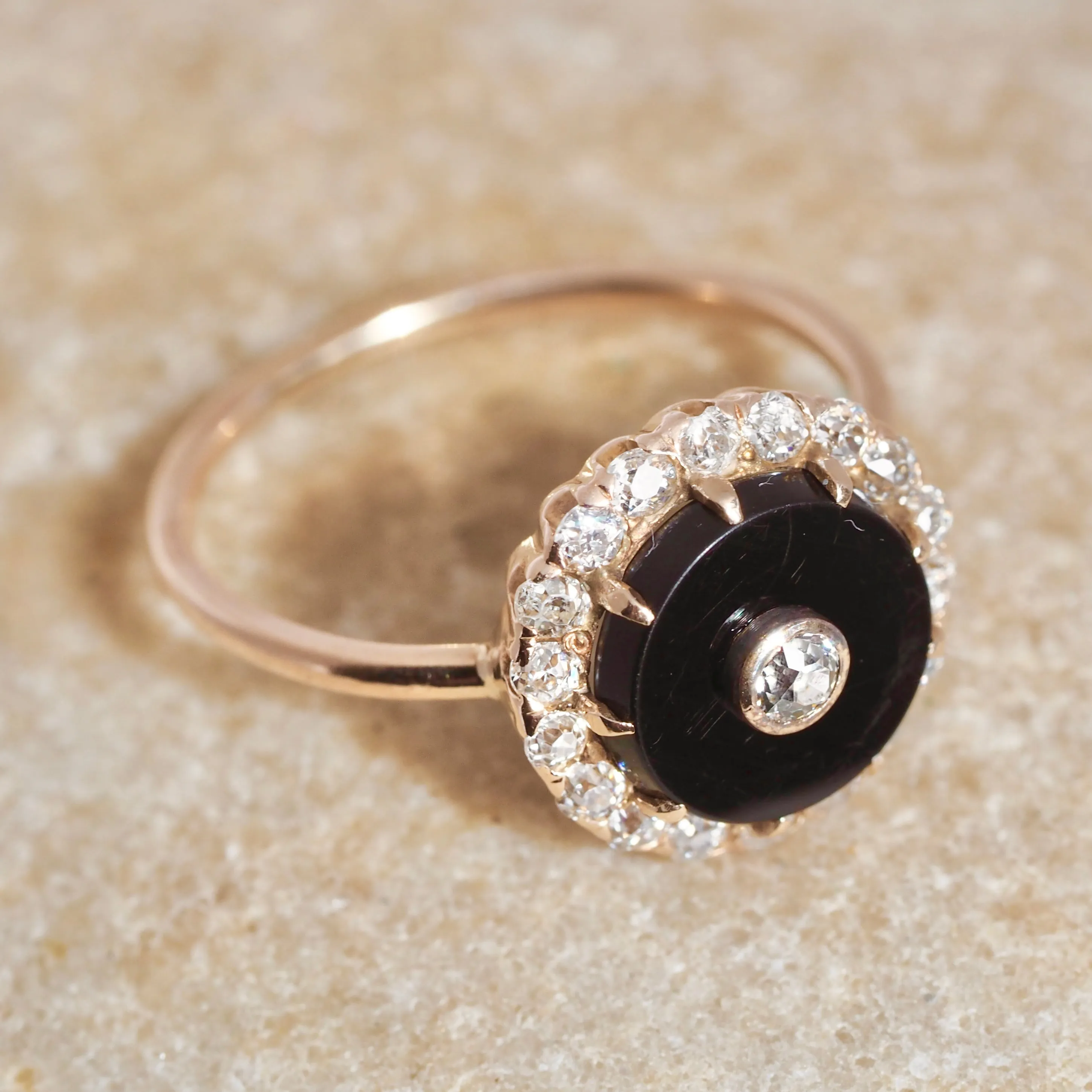 Antique Art Deco 14k Gold Onyx and Diamond Bullseye Ring