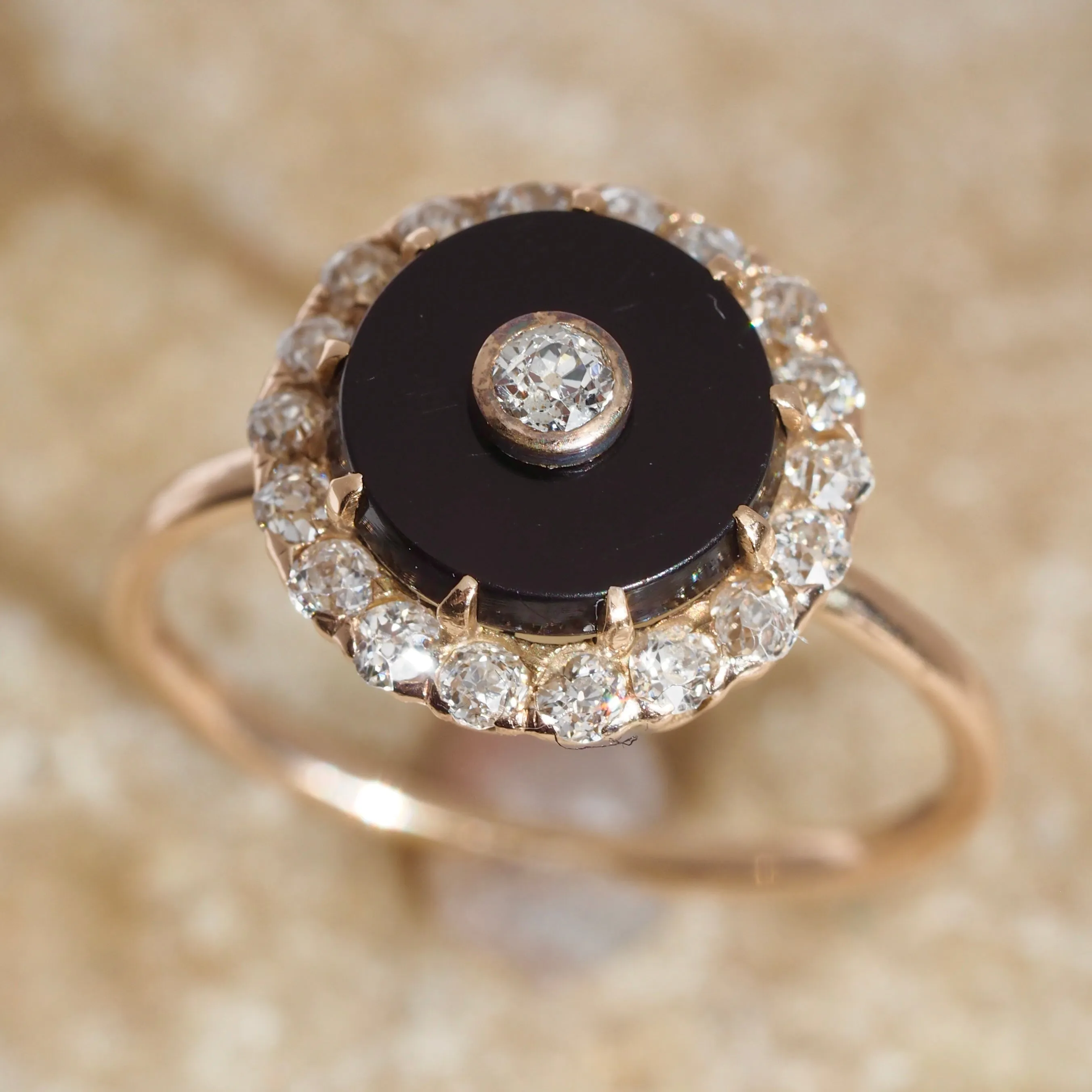 Antique Art Deco 14k Gold Onyx and Diamond Bullseye Ring