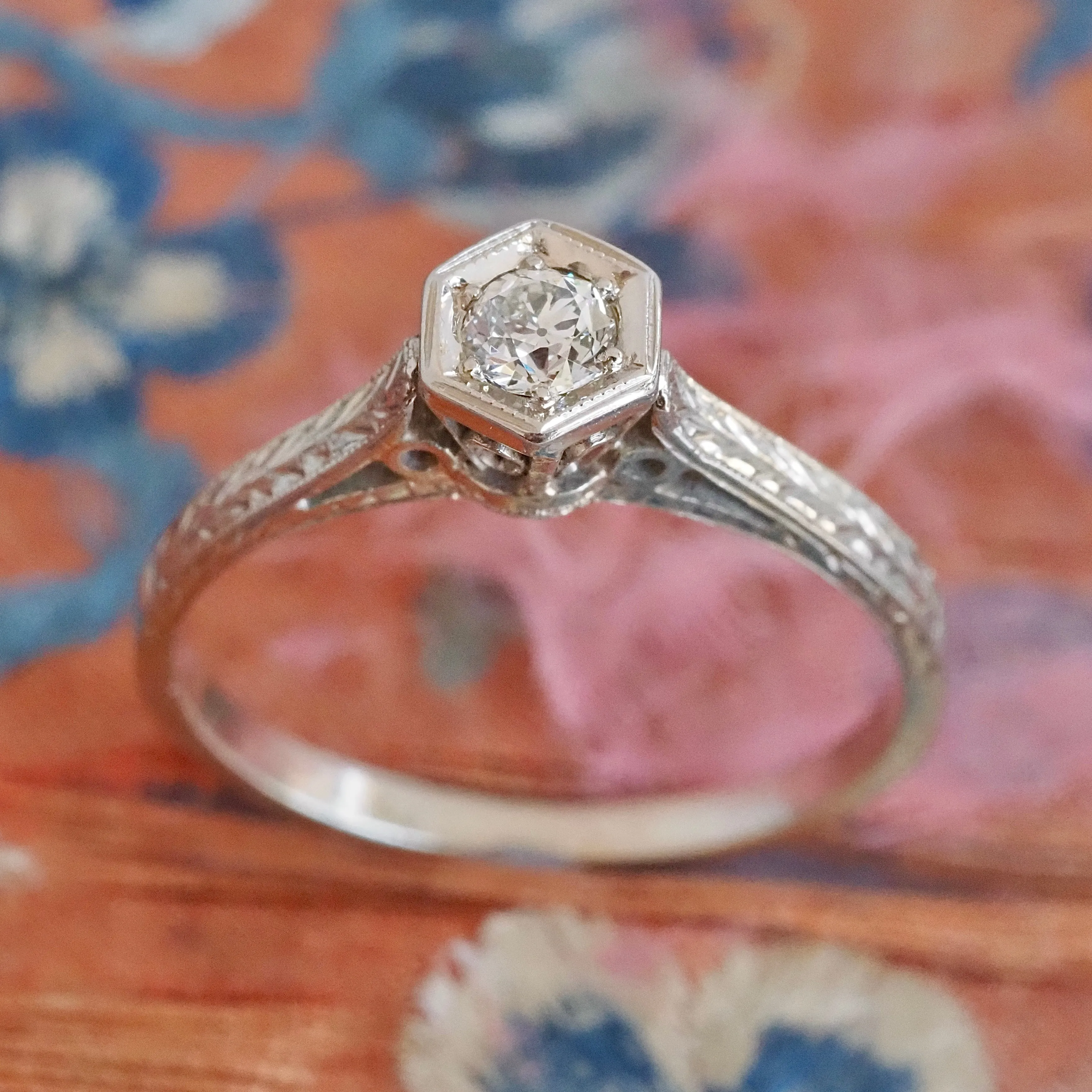 Antique Art Deco 14k White Gold Old European Cut Diamond Engagement Ring