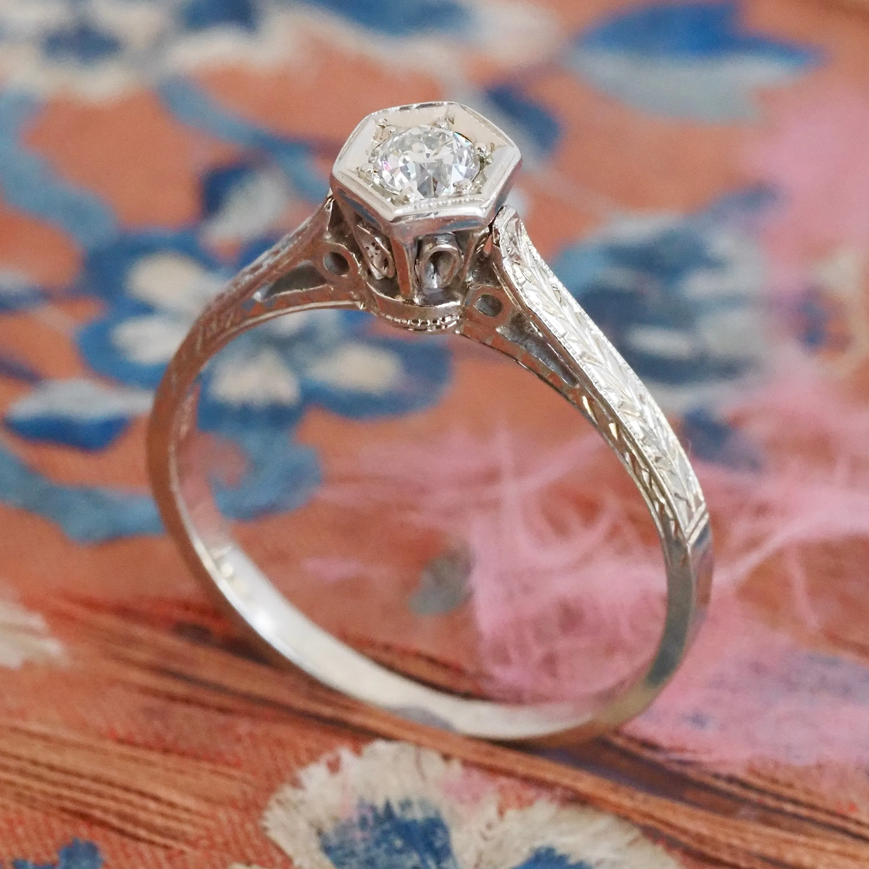 Antique Art Deco 14k White Gold Old European Cut Diamond Engagement Ring