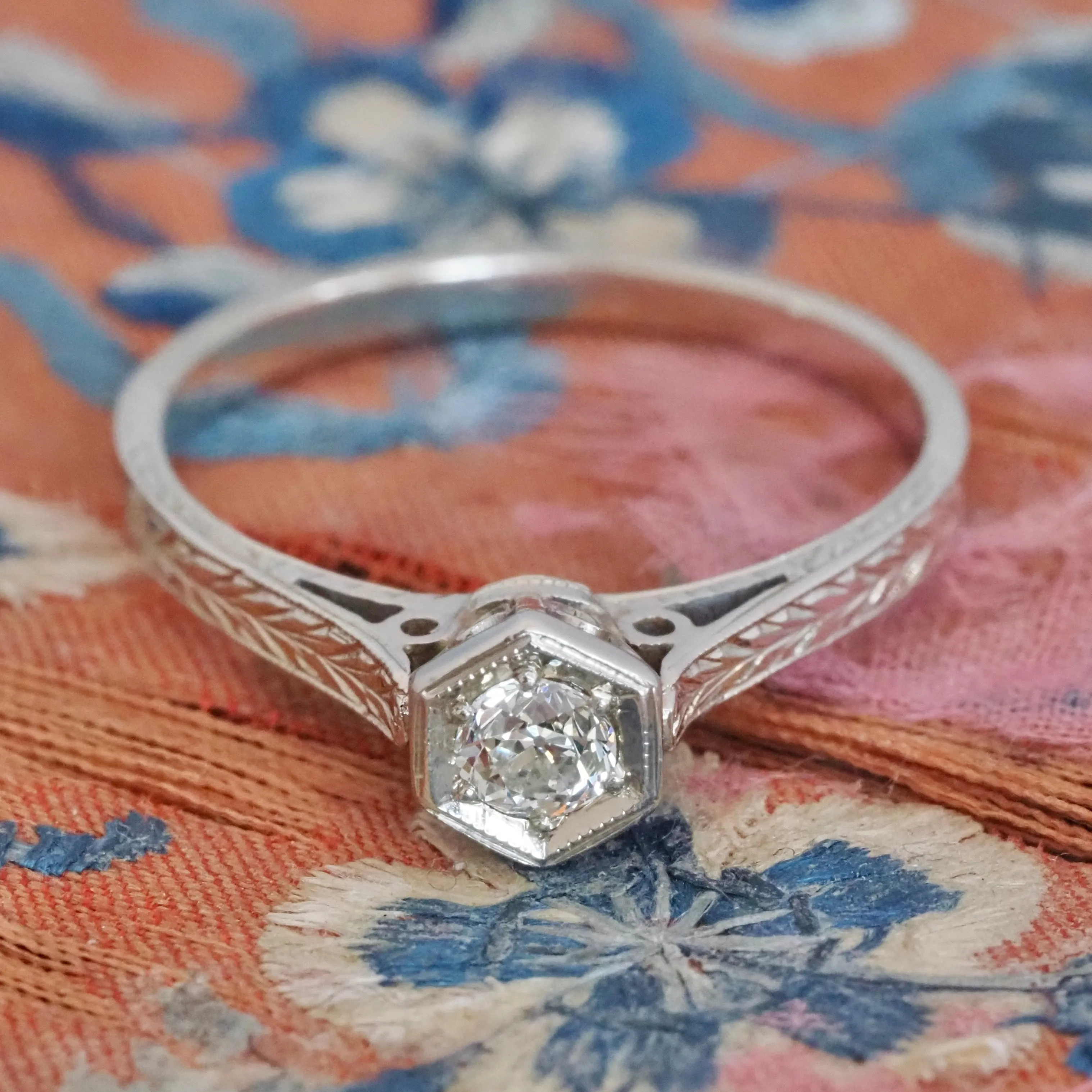 Antique Art Deco 14k White Gold Old European Cut Diamond Engagement Ring