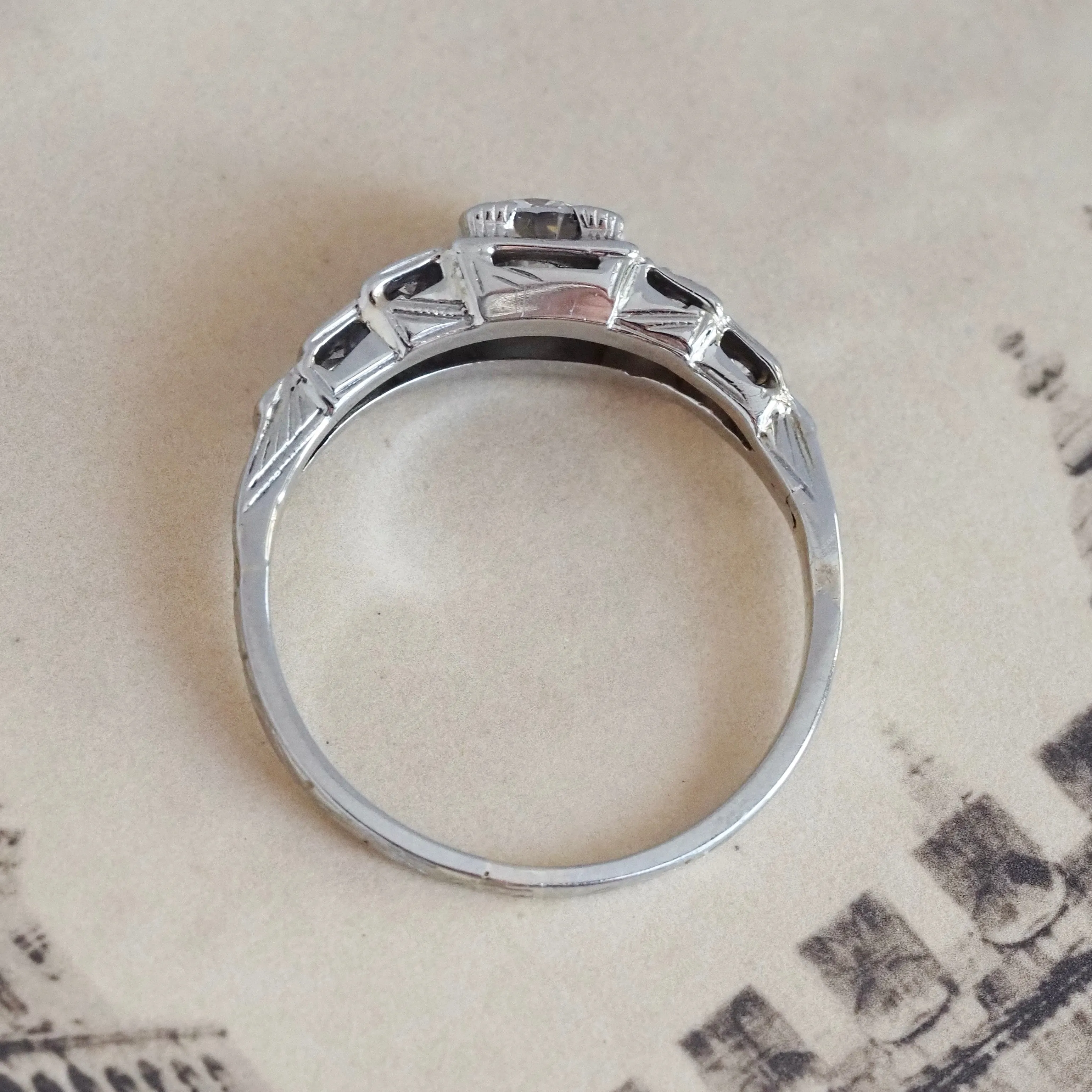 Antique Art Deco 14k White Gold Transitional Cut Diamond Step Ring