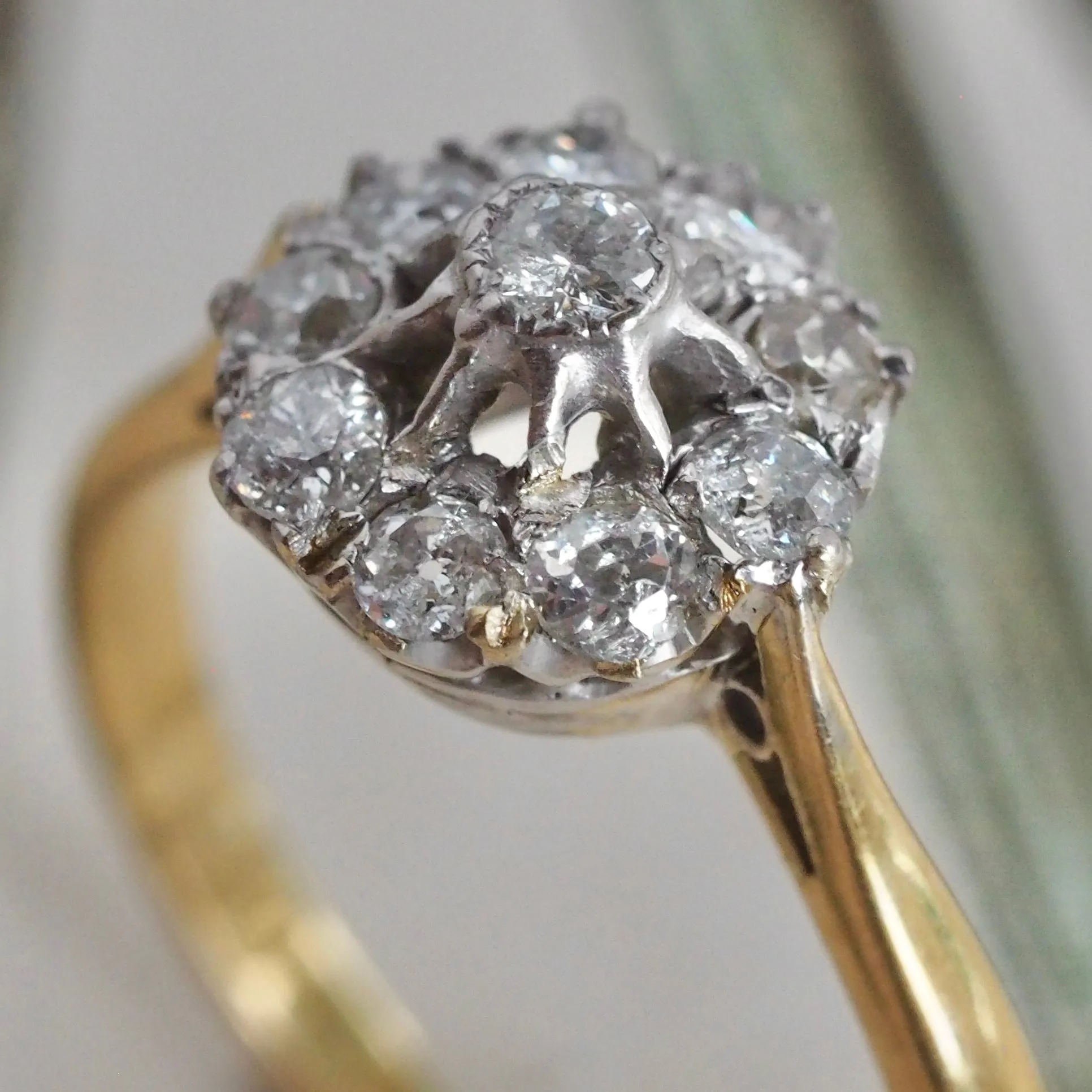 Antique Old Mine Cut Diamond Cluster 18k Gold and Platinum Engagement Ring
