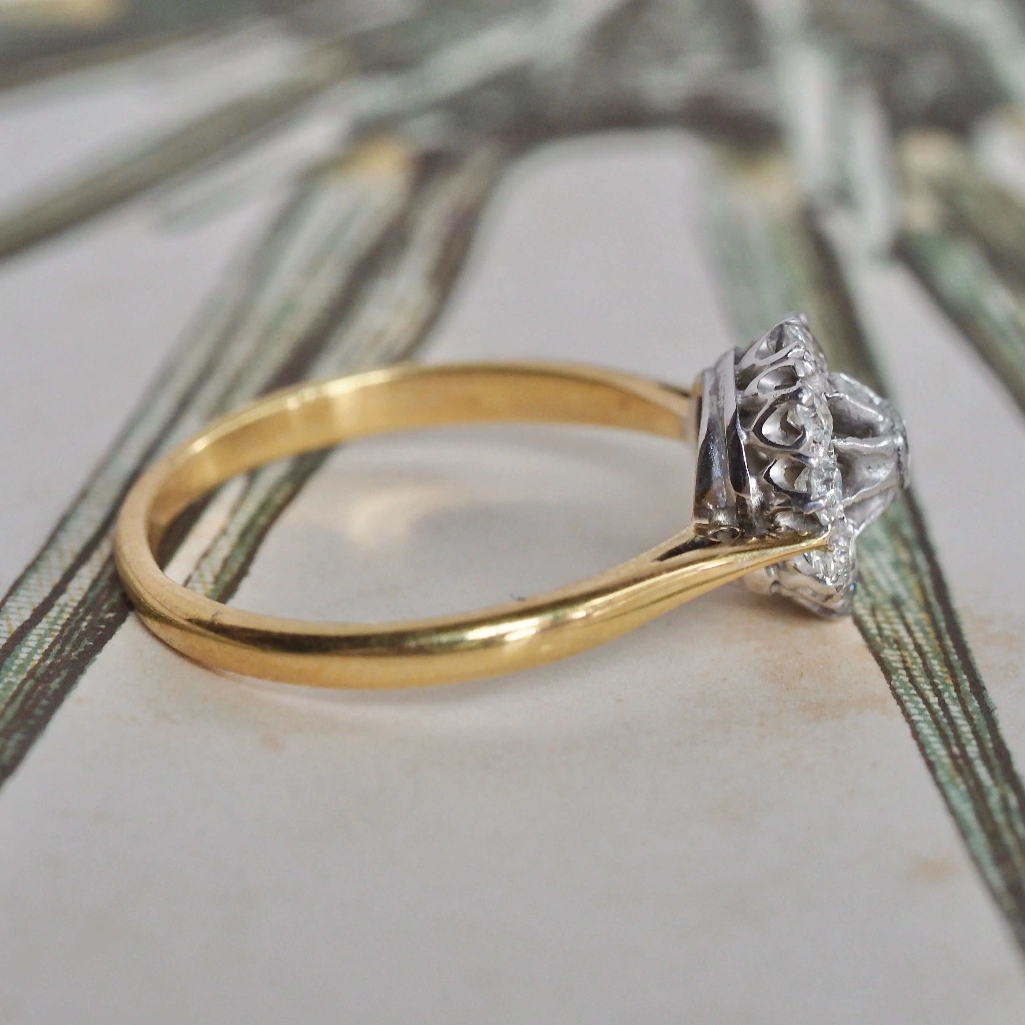 Antique Old Mine Cut Diamond Cluster 18k Gold and Platinum Engagement Ring