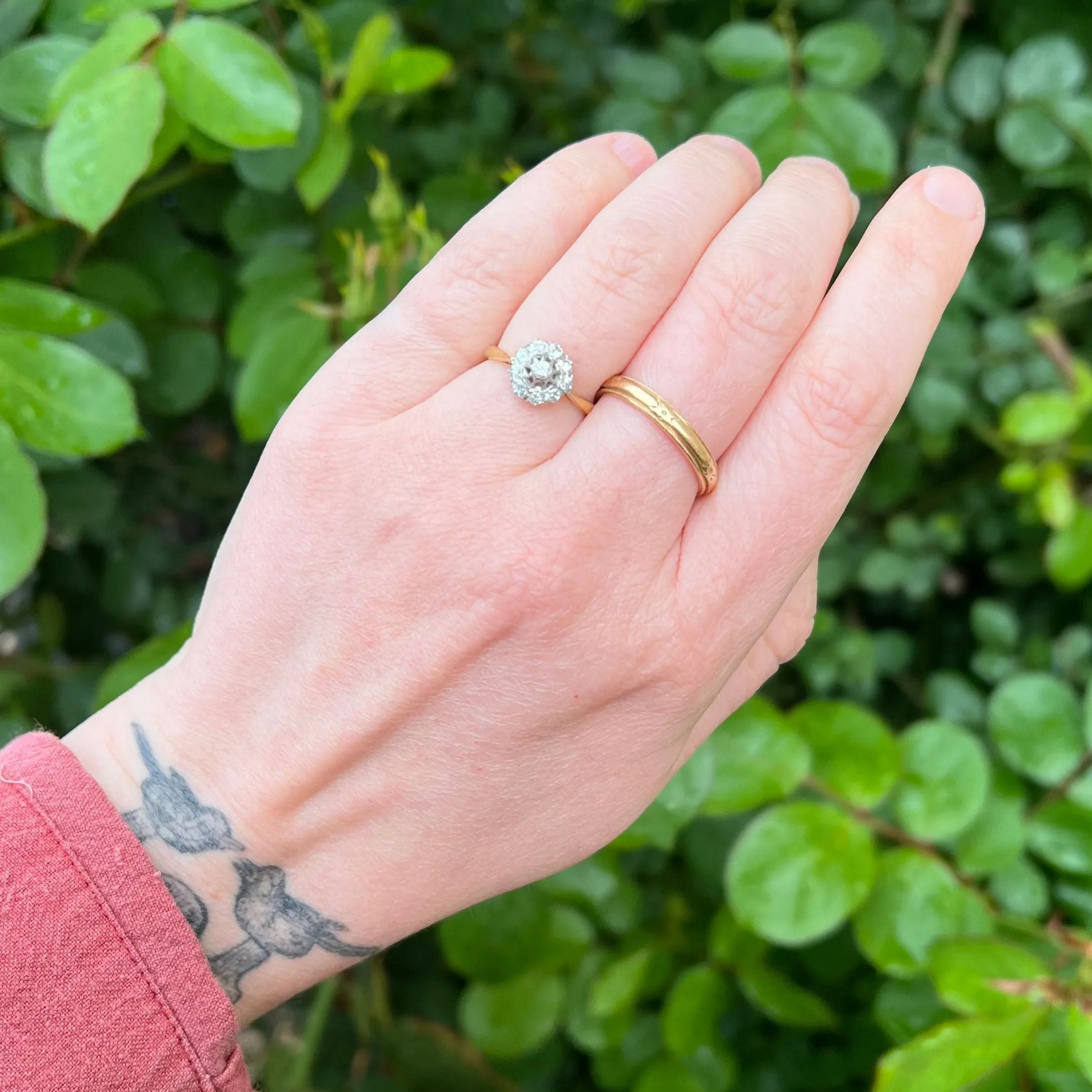 Antique Old Mine Cut Diamond Cluster 18k Gold and Platinum Engagement Ring