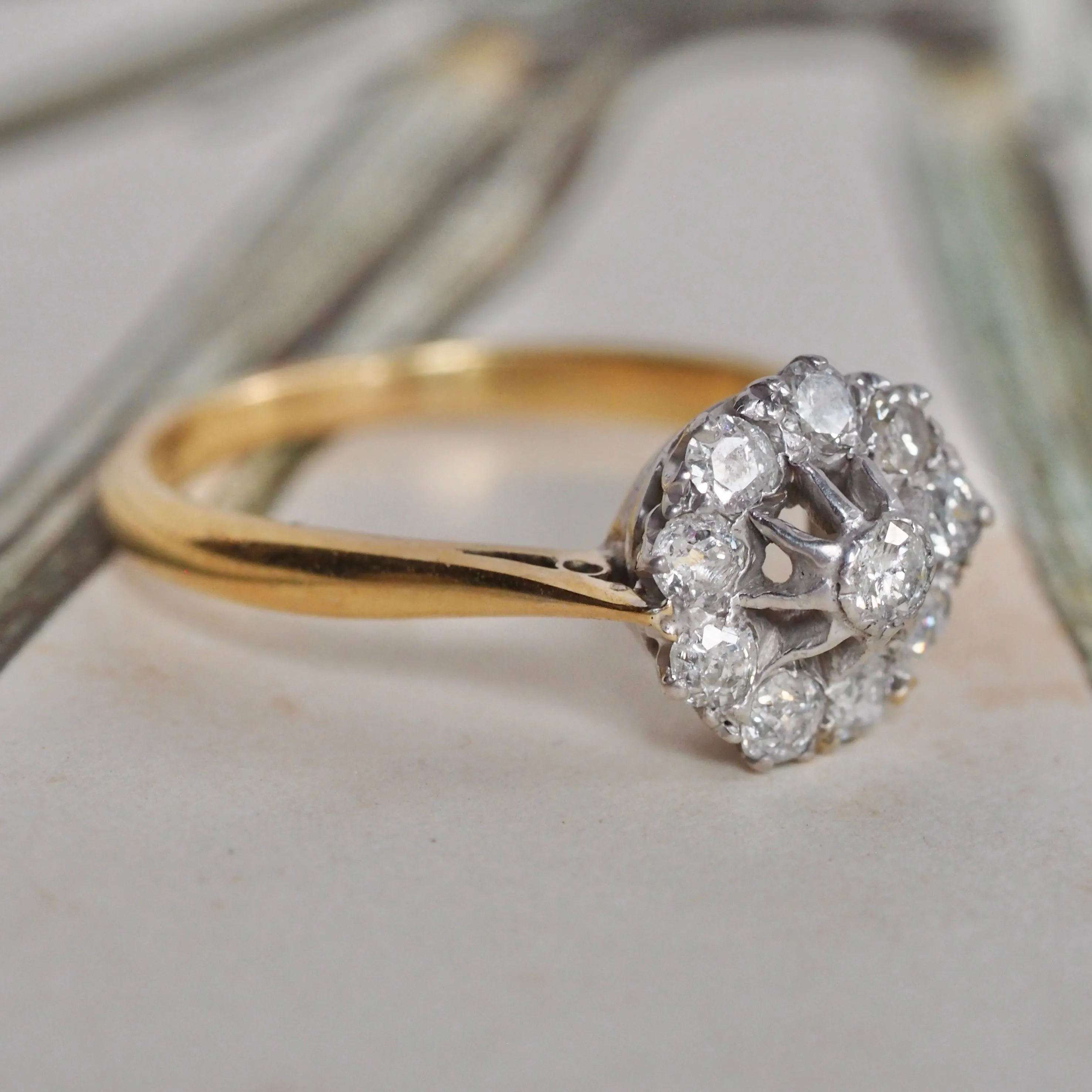 Antique Old Mine Cut Diamond Cluster 18k Gold and Platinum Engagement Ring