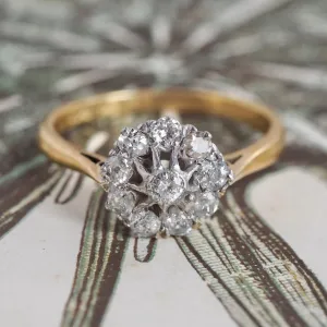 Antique Old Mine Cut Diamond Cluster 18k Gold and Platinum Engagement Ring