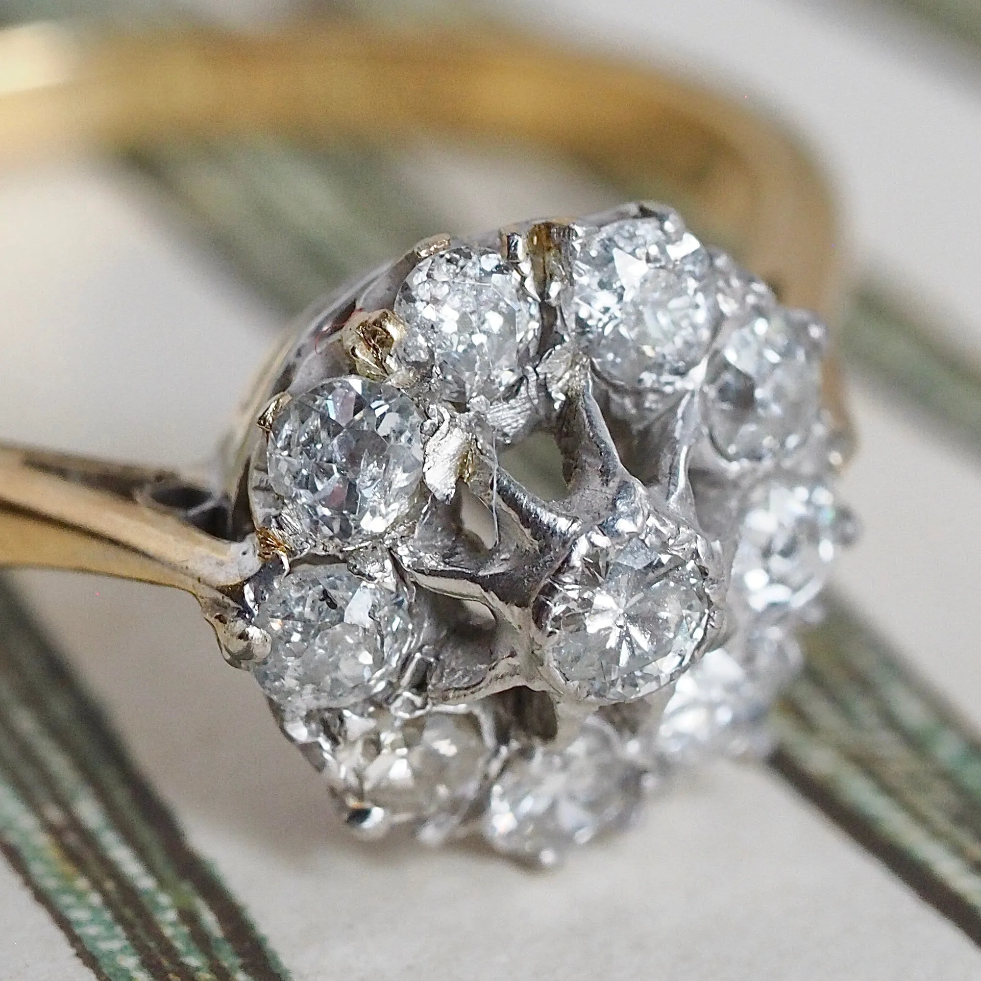 Antique Old Mine Cut Diamond Cluster 18k Gold and Platinum Engagement Ring
