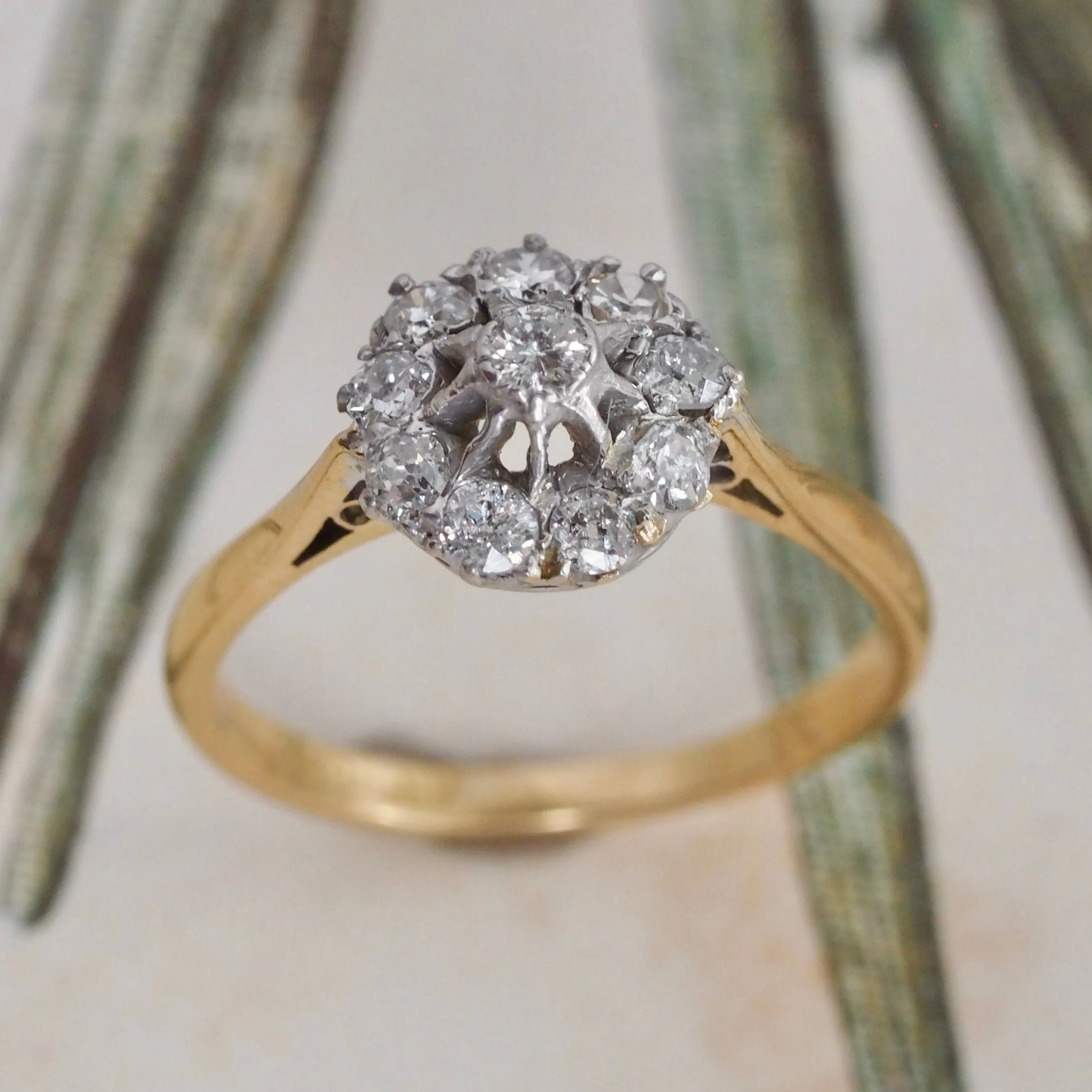 Antique Old Mine Cut Diamond Cluster 18k Gold and Platinum Engagement Ring