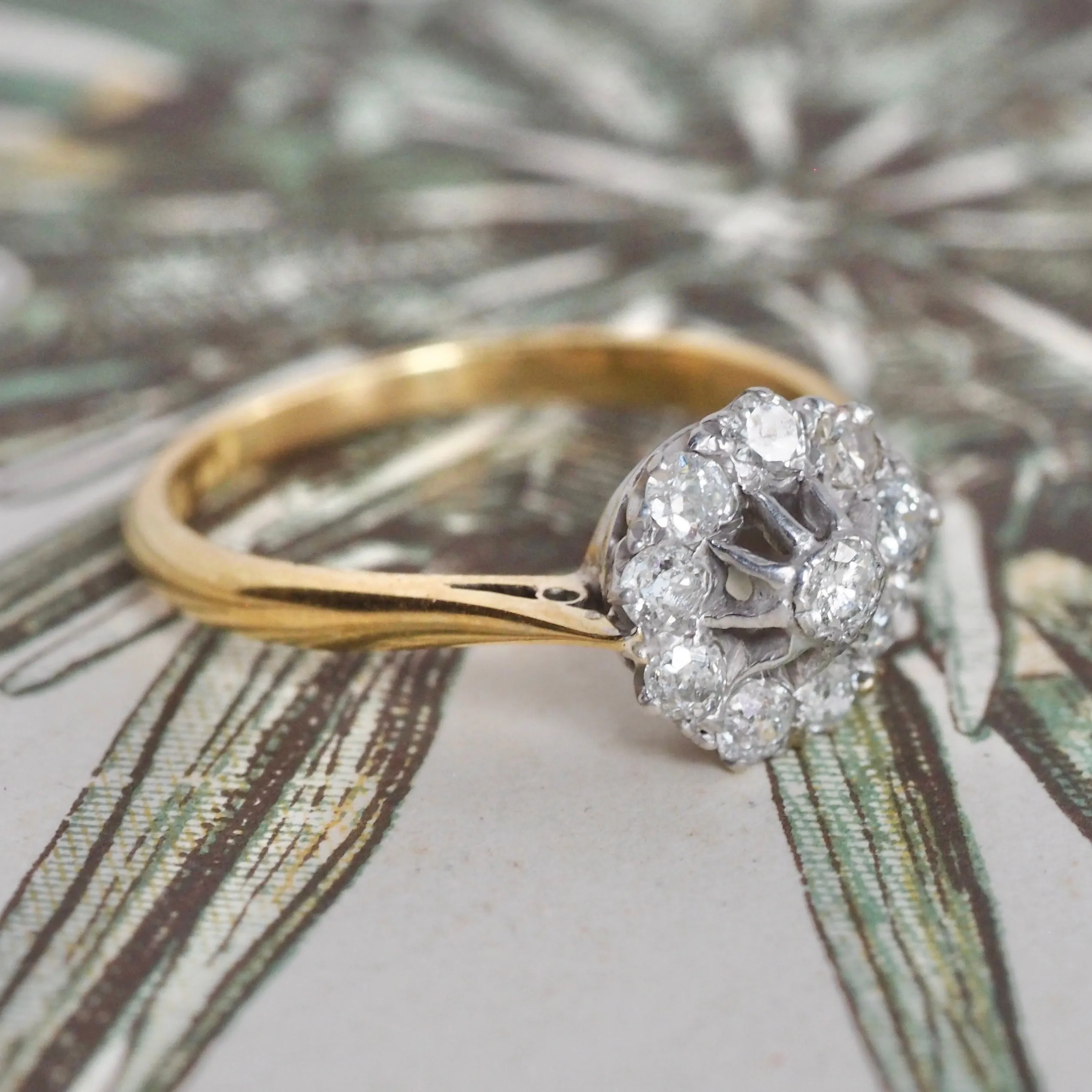 Antique Old Mine Cut Diamond Cluster 18k Gold and Platinum Engagement Ring