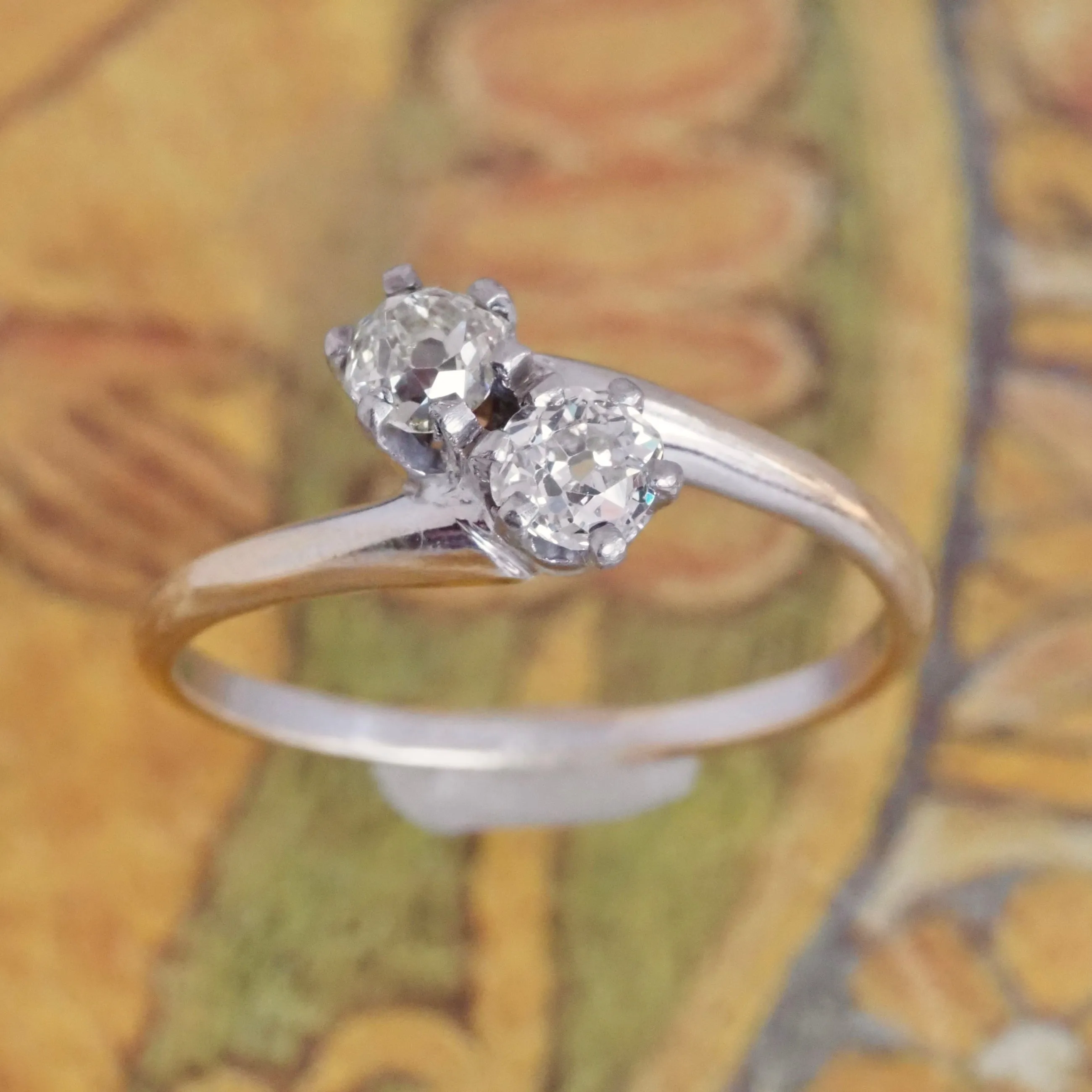 Antique Old Mine Cut Diamond Moi et Toi Engagement Ring