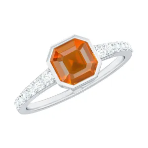 Asscher Fire Opal Solitaire Ring with Diamond Side Stones