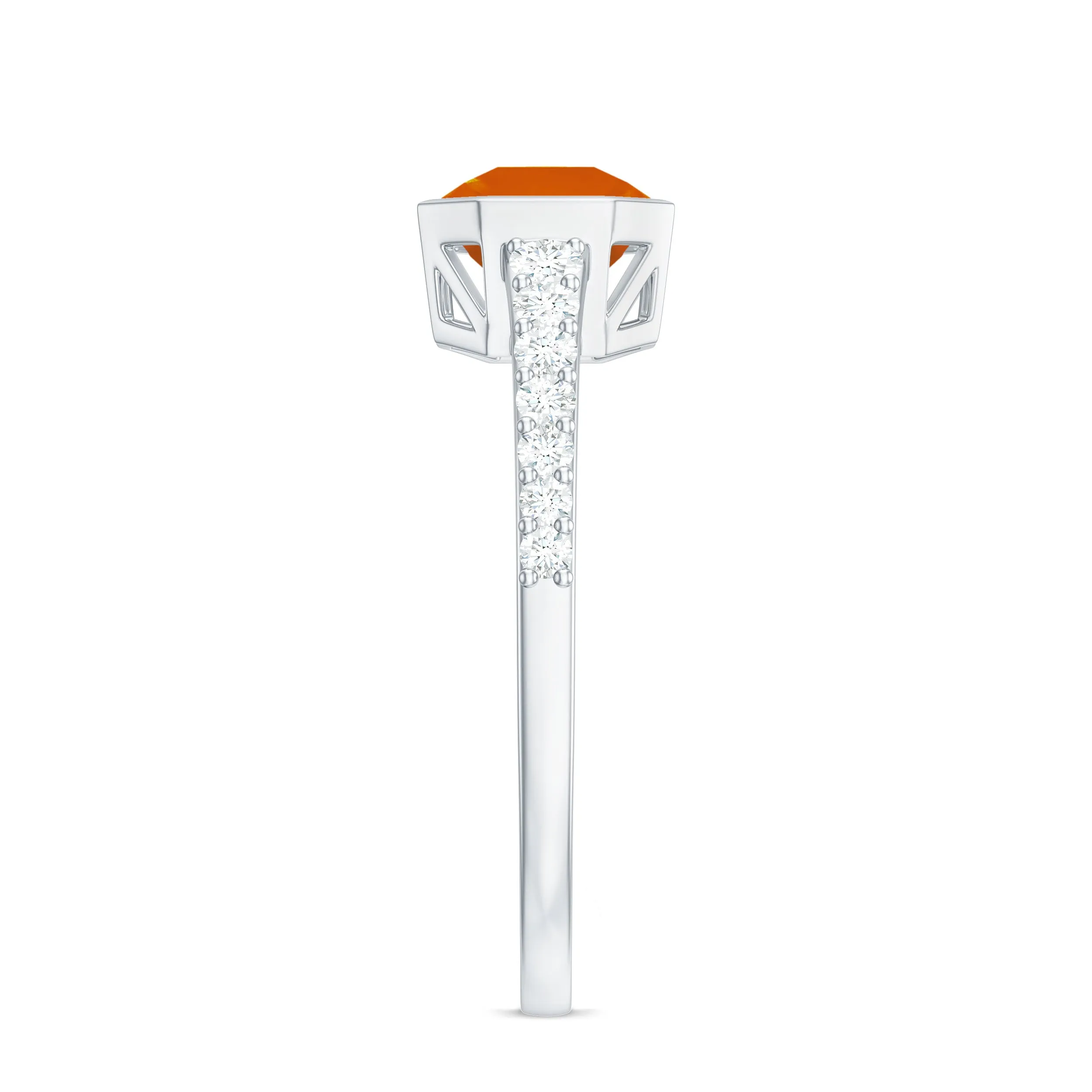 Asscher Fire Opal Solitaire Ring with Diamond Side Stones