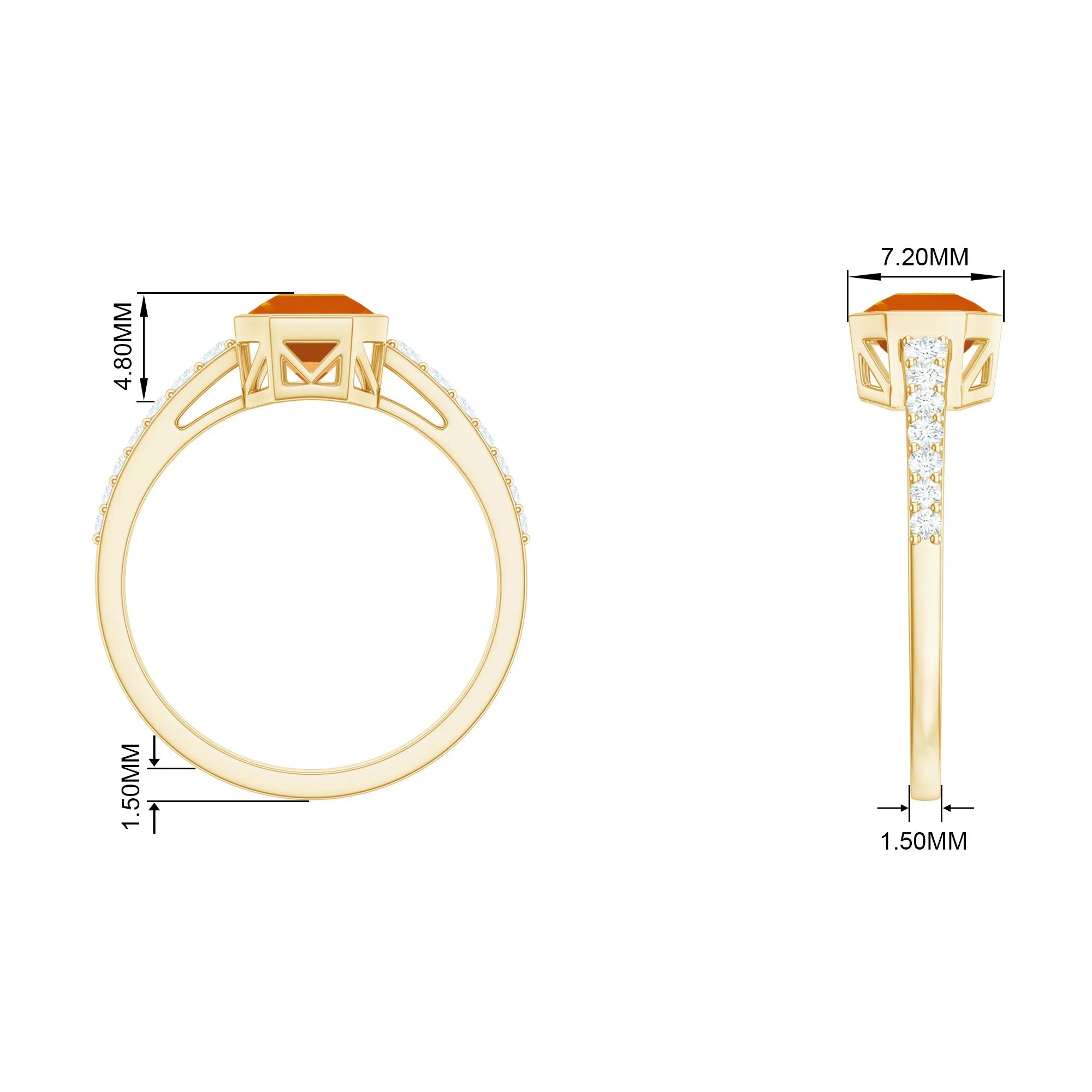 Asscher Fire Opal Solitaire Ring with Diamond Side Stones