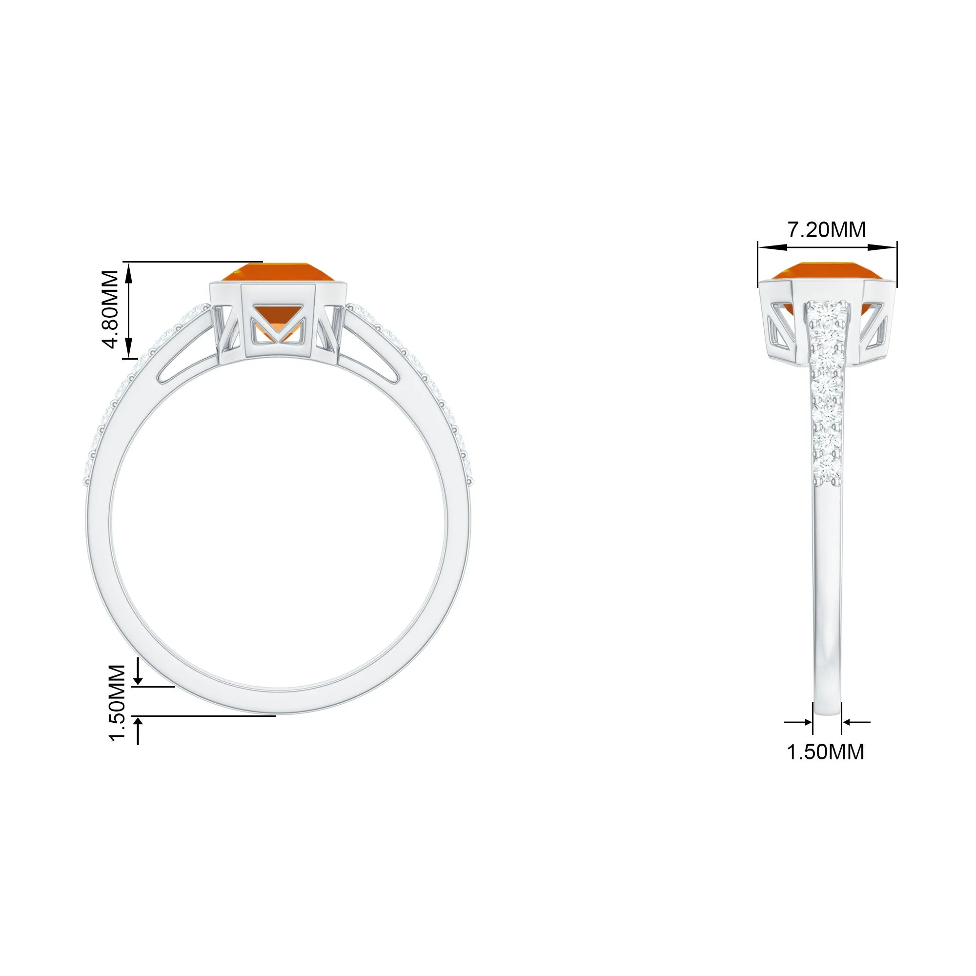 Asscher Fire Opal Solitaire Ring with Diamond Side Stones