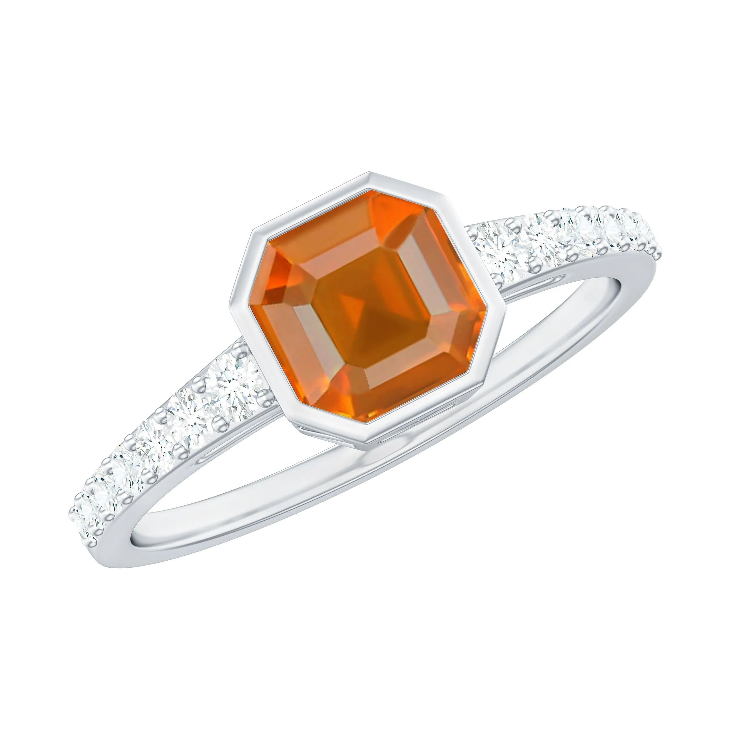 Asscher Fire Opal Solitaire Ring with Diamond Side Stones