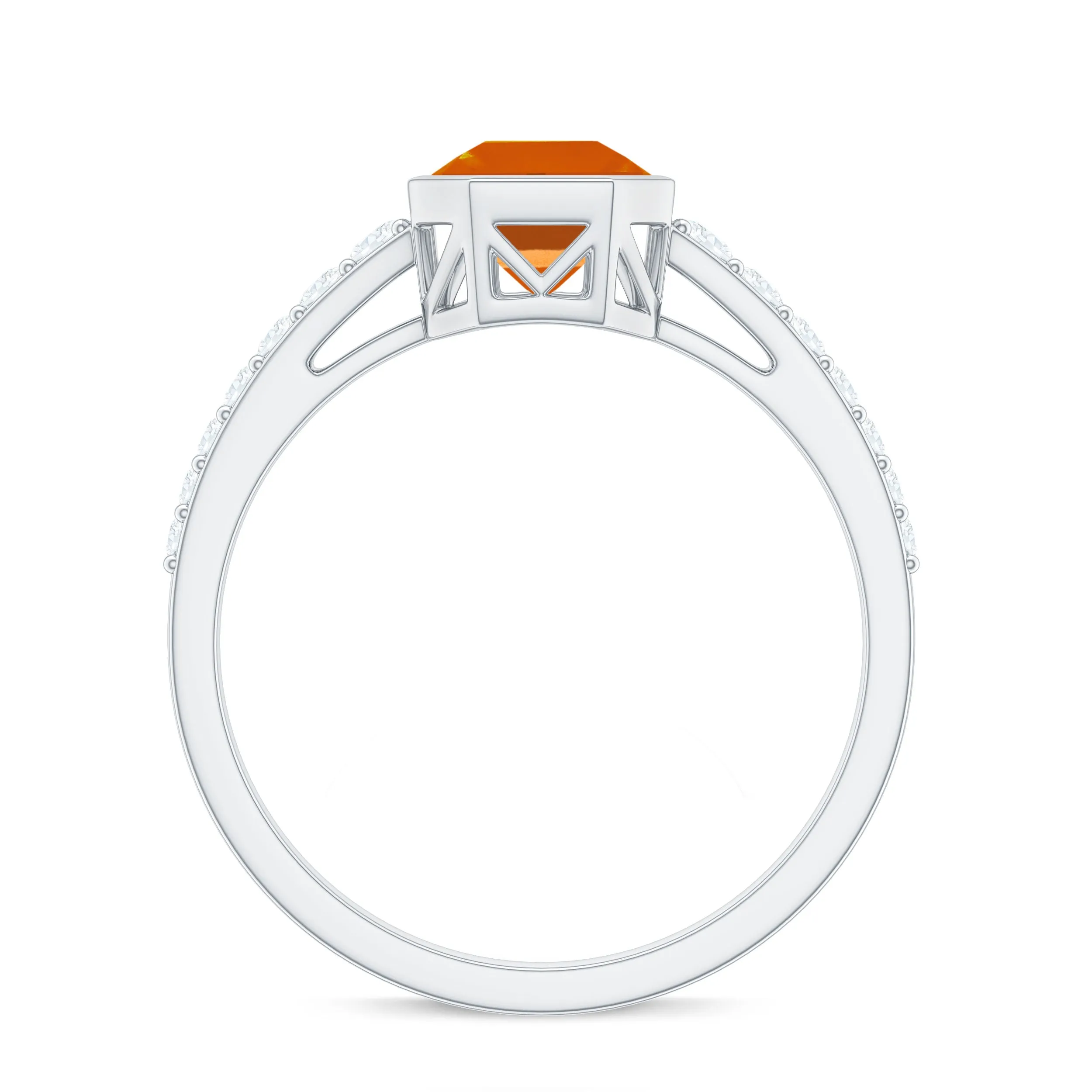 Asscher Fire Opal Solitaire Ring with Diamond Side Stones