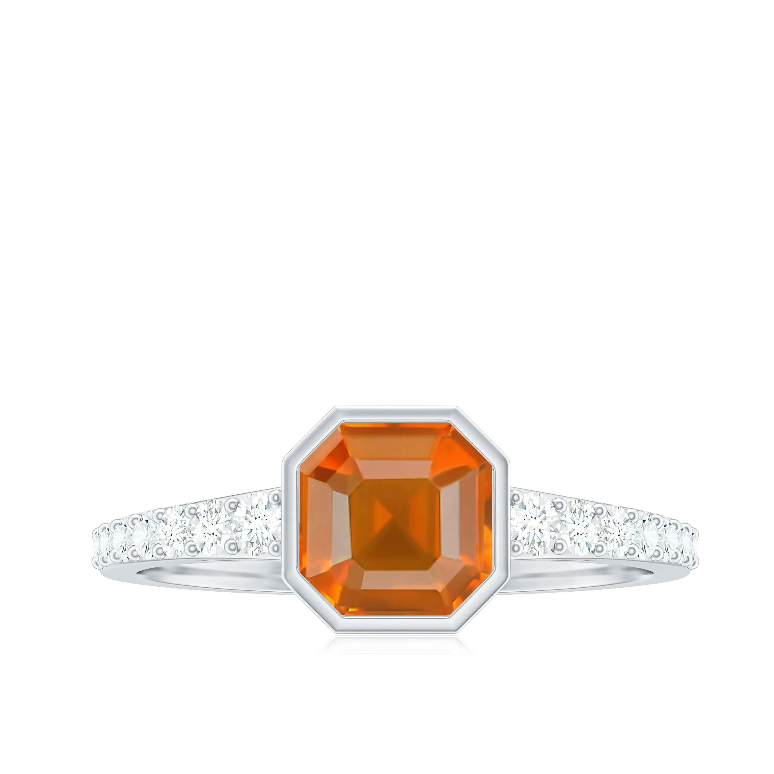 Asscher Fire Opal Solitaire Ring with Diamond Side Stones