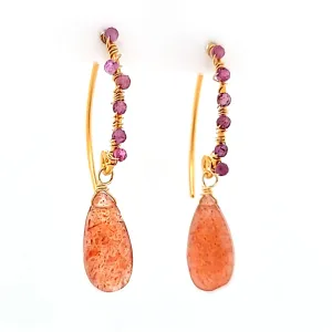 AVF Gold Beaded Ruby & Faceted Pear Shaped Sunstone Drop Earrings (SI3755)