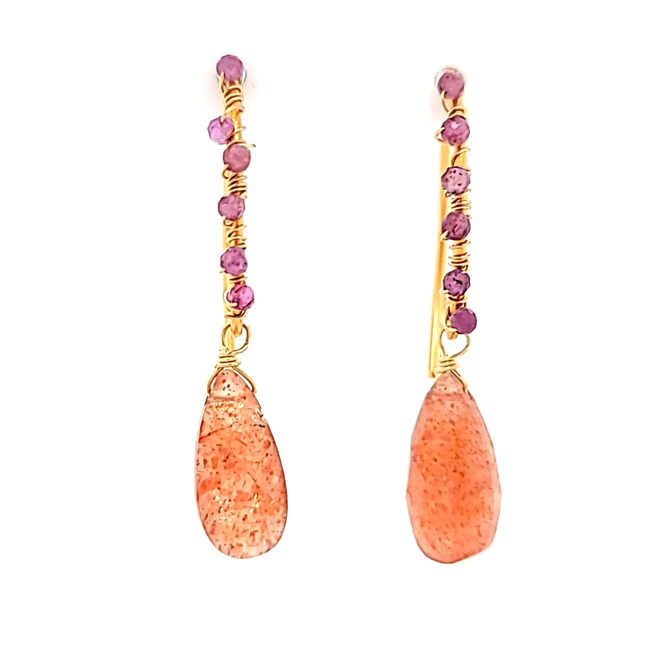 AVF Gold Beaded Ruby & Faceted Pear Shaped Sunstone Drop Earrings (SI3755)