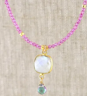AVF Gold Square Bezel Moonstone, Mystic Quartz & Pink Topaz Necklace (SI6705)