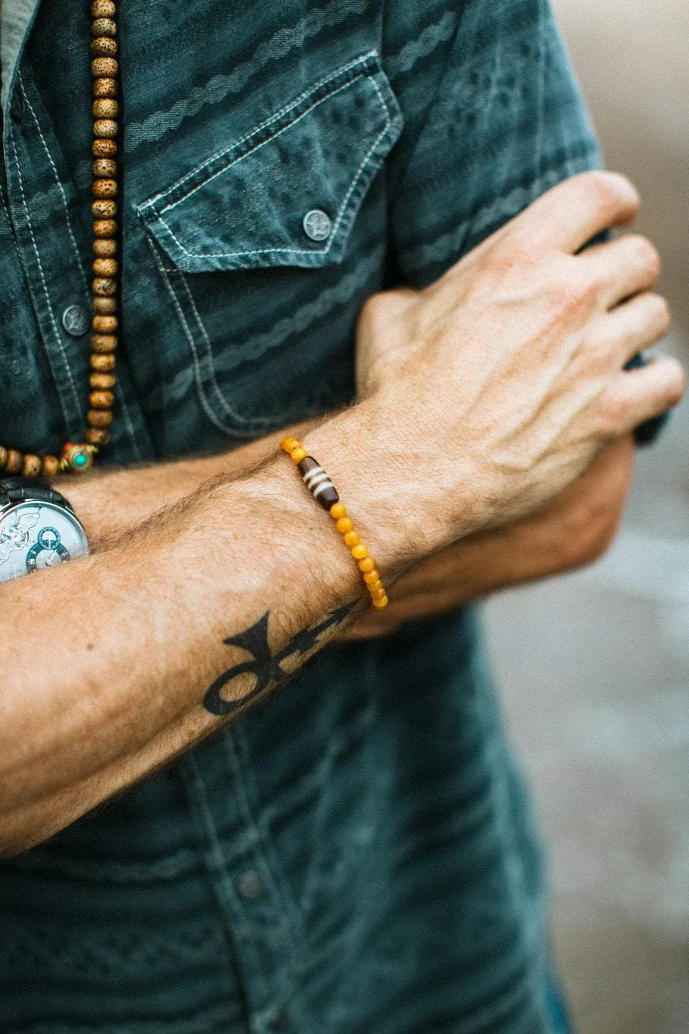 Baltic Amber Striped Dzi Bracelet