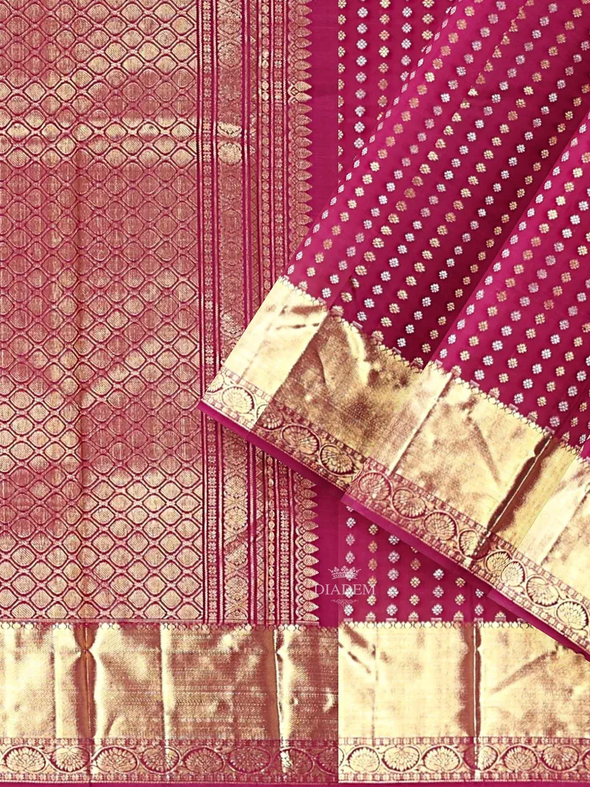 Burgundy Pure Kanchipuram (Bridal) Silk Saree with Doted Stripes Design on the Body and Zari Border