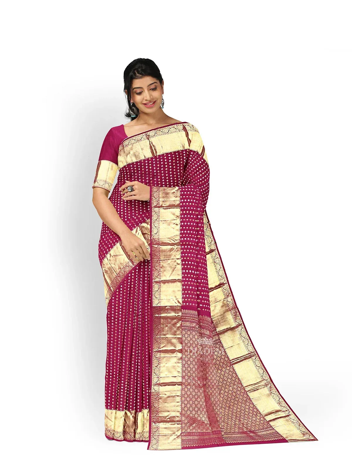 Burgundy Pure Kanchipuram (Bridal) Silk Saree with Doted Stripes Design on the Body and Zari Border