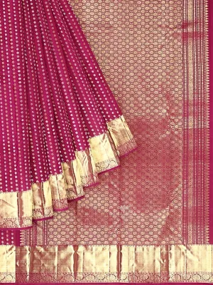Burgundy Pure Kanchipuram (Bridal) Silk Saree with Doted Stripes Design on the Body and Zari Border