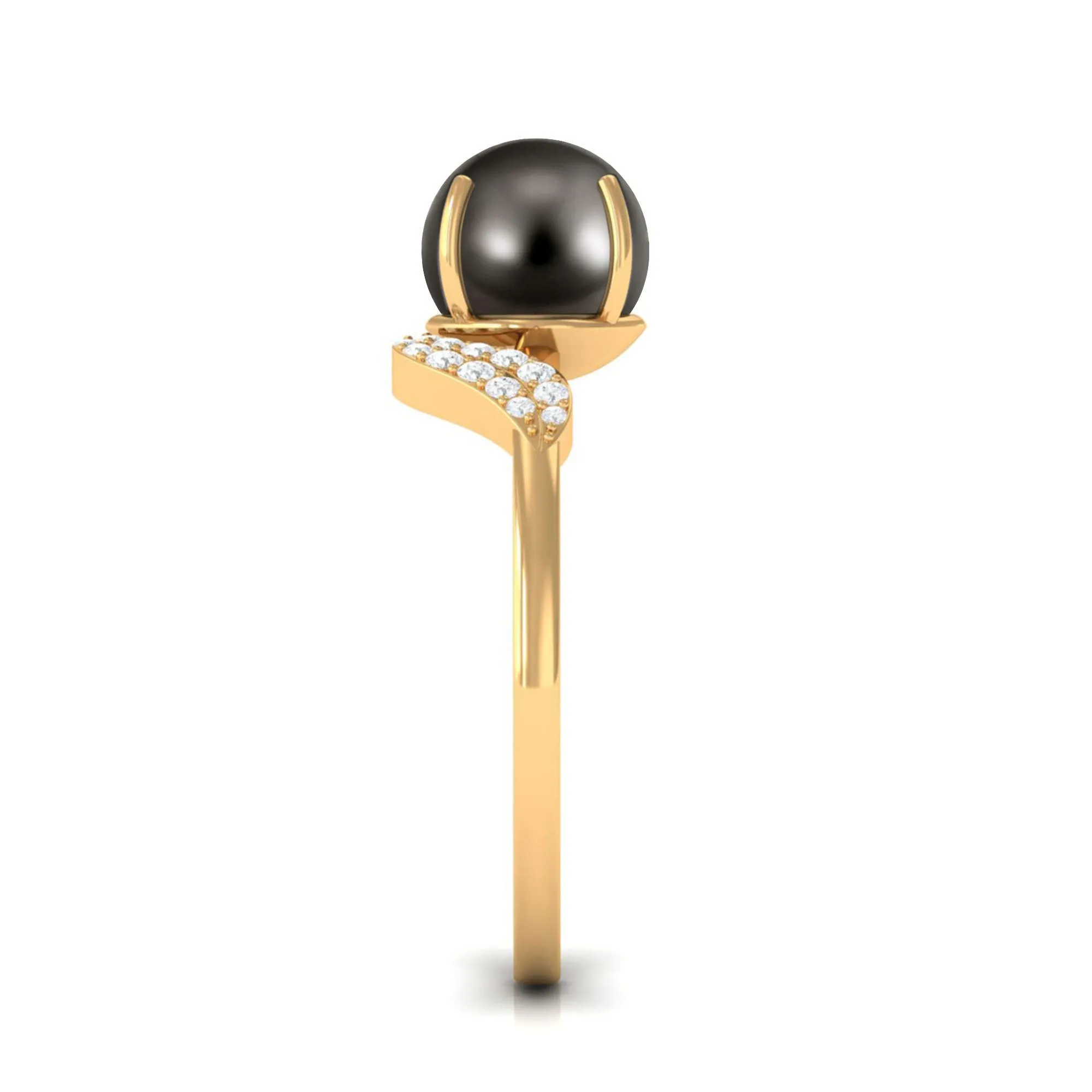 Classic Tahitian Pearl Solitaire Engagement Ring with Diamond Leaf