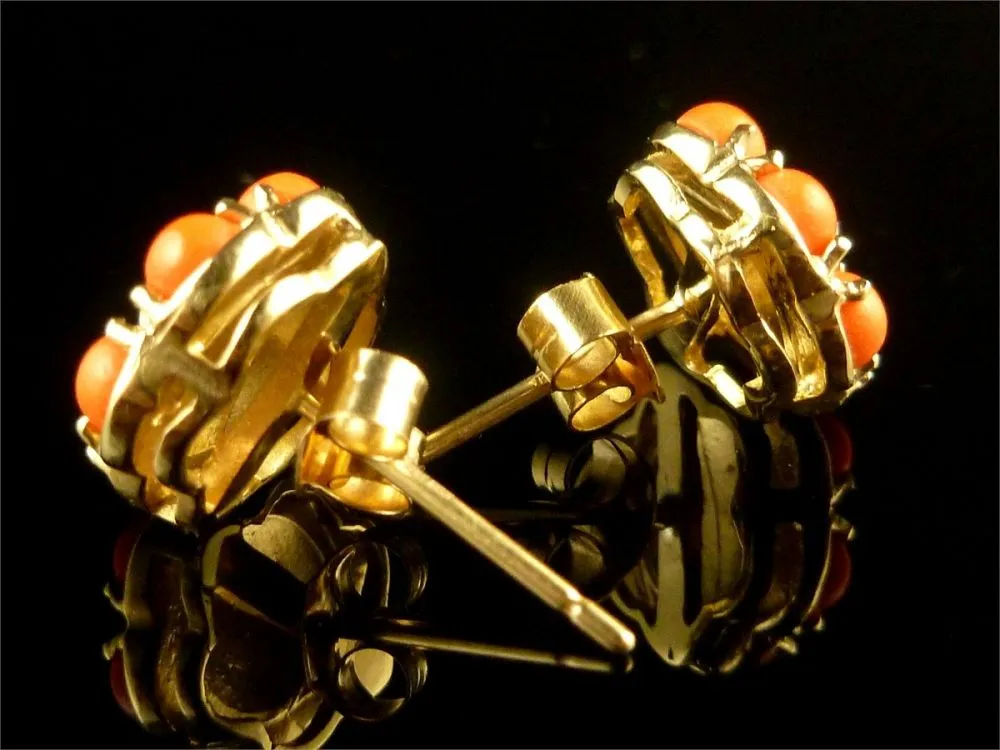 Coral And Pearl Cluster Gold Earrings