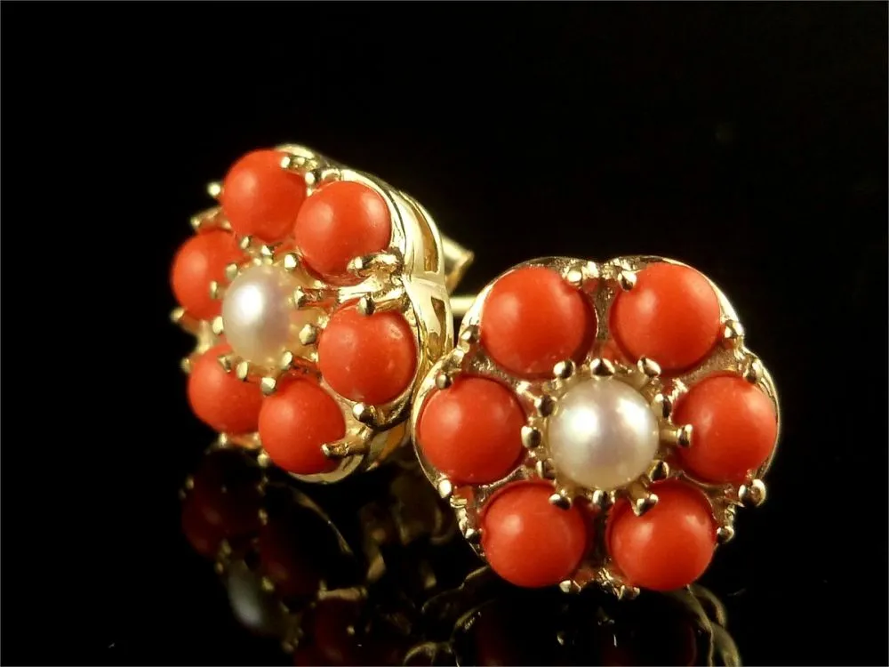 Coral And Pearl Cluster Gold Earrings