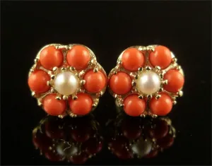 Coral And Pearl Cluster Gold Earrings