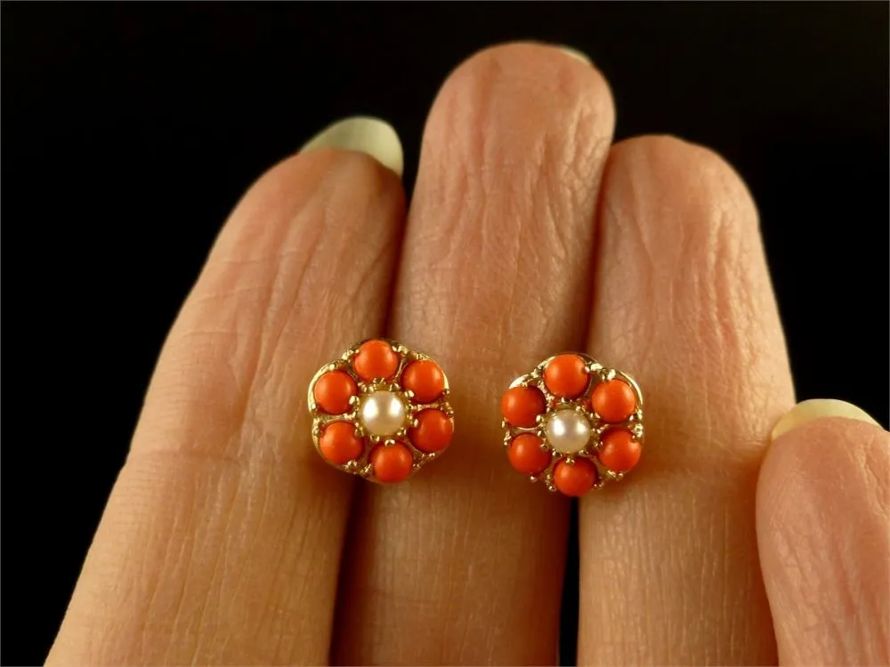 Coral And Pearl Cluster Gold Earrings
