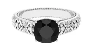 Cushion Cut Solitaire Black Onyx Floral Engagement Ring with Diamond