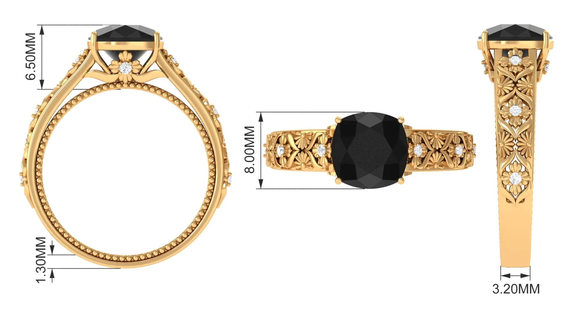Cushion Cut Solitaire Black Onyx Floral Engagement Ring with Diamond