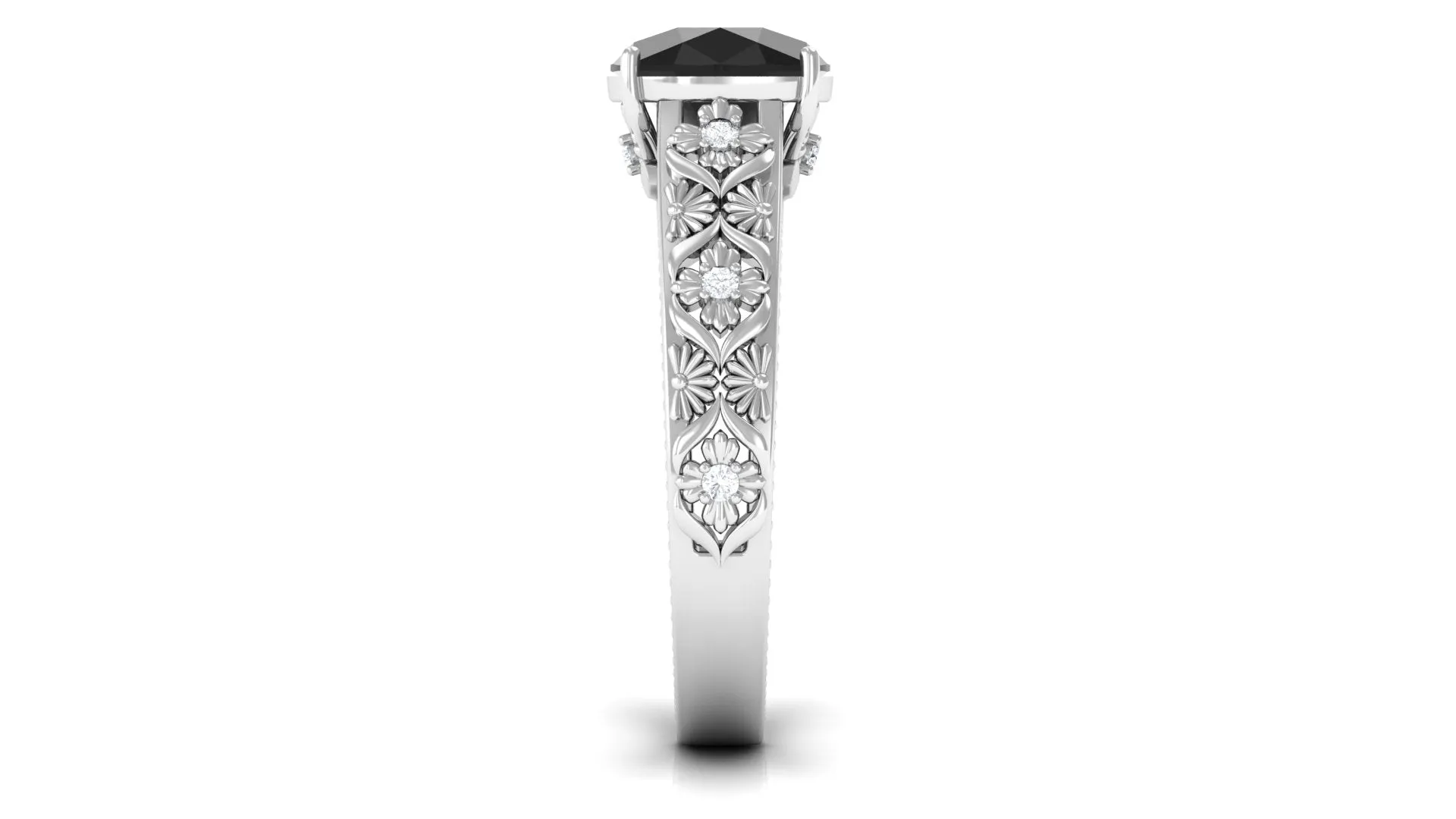 Cushion Cut Solitaire Black Onyx Floral Engagement Ring with Diamond