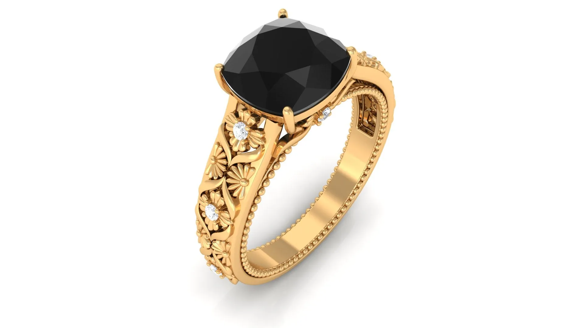 Cushion Cut Solitaire Black Onyx Floral Engagement Ring with Diamond