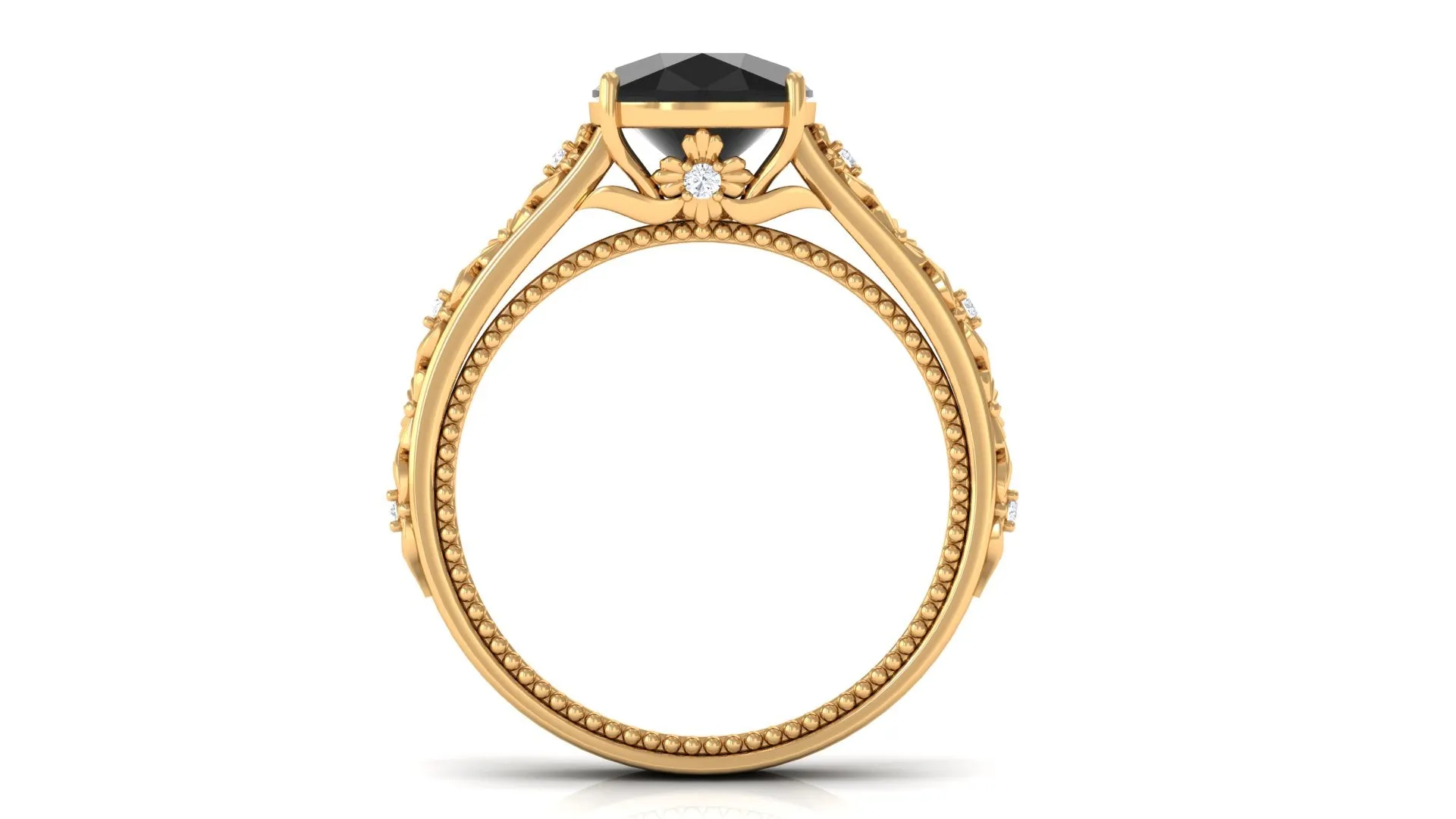 Cushion Cut Solitaire Black Onyx Floral Engagement Ring with Diamond