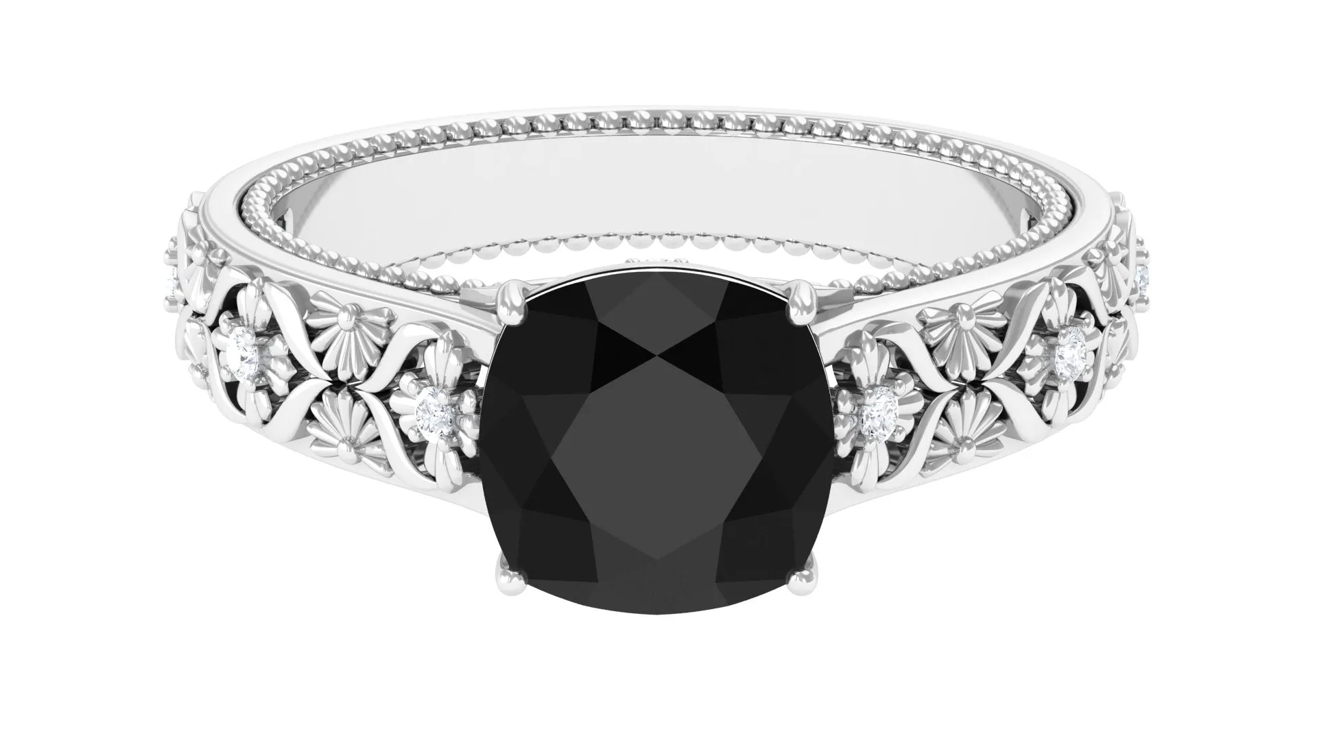 Cushion Cut Solitaire Black Onyx Floral Engagement Ring with Diamond