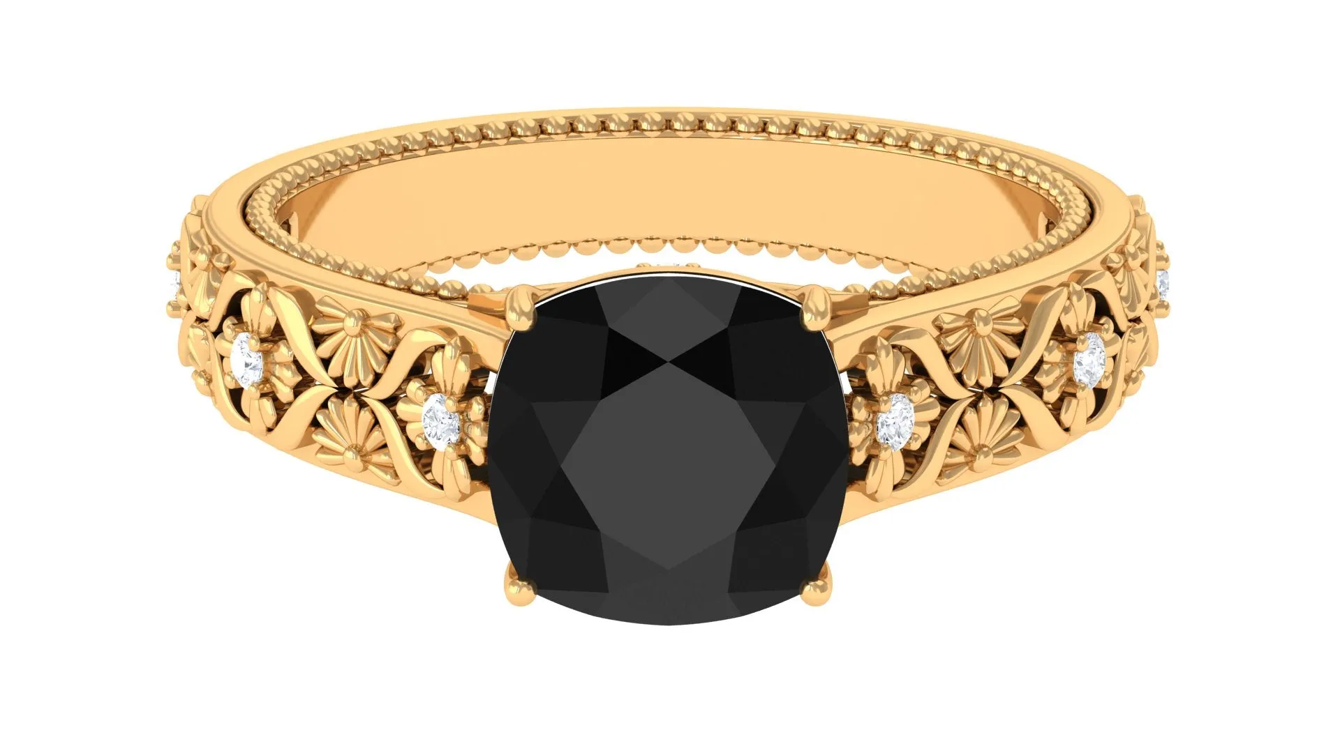 Cushion Cut Solitaire Black Onyx Floral Engagement Ring with Diamond