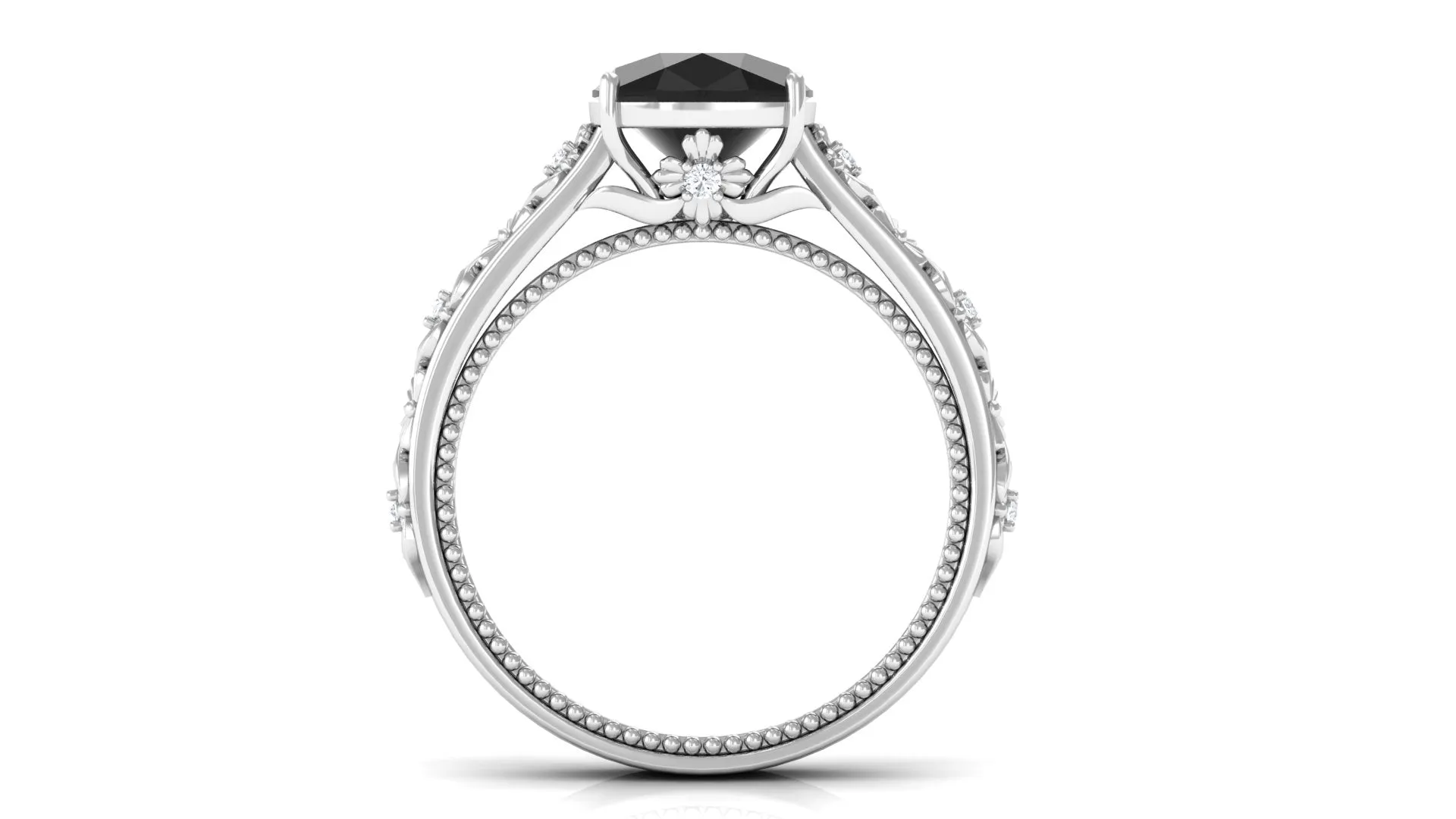 Cushion Cut Solitaire Black Onyx Floral Engagement Ring with Diamond