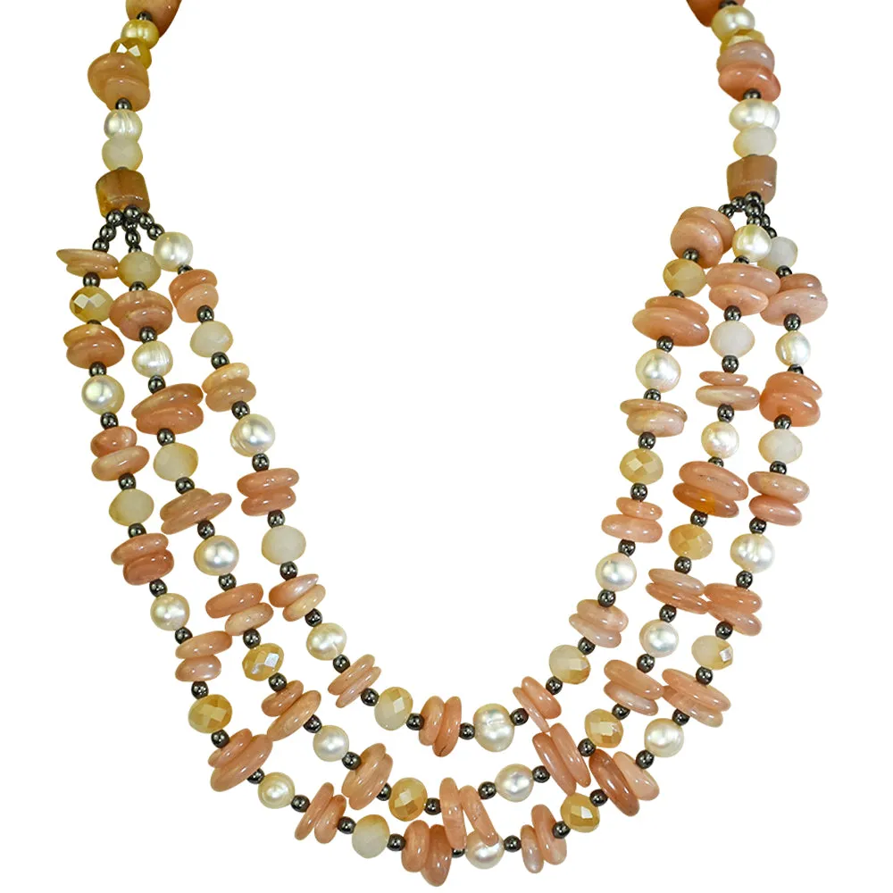 Divine Precious Trio Sun Moonstone & Pearl Necklace (.925 Sterling Silver/Sun Moonstone)