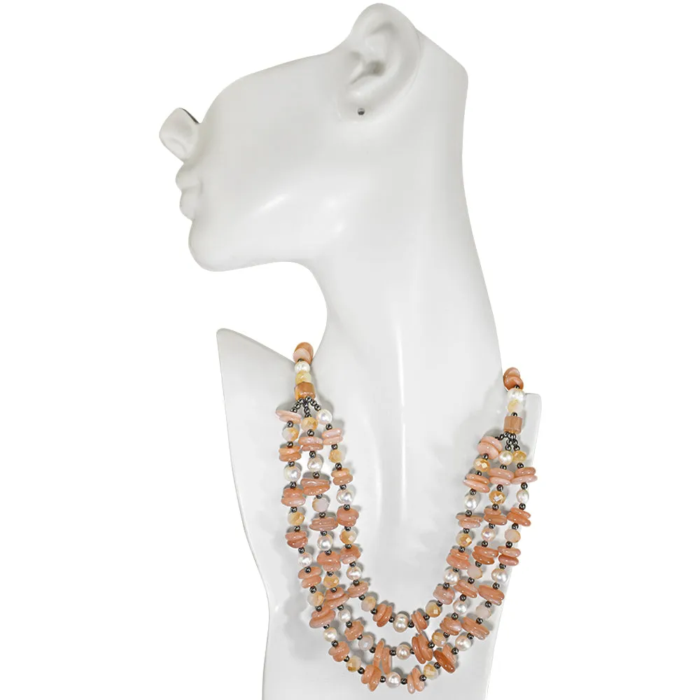 Divine Precious Trio Sun Moonstone & Pearl Necklace (.925 Sterling Silver/Sun Moonstone)