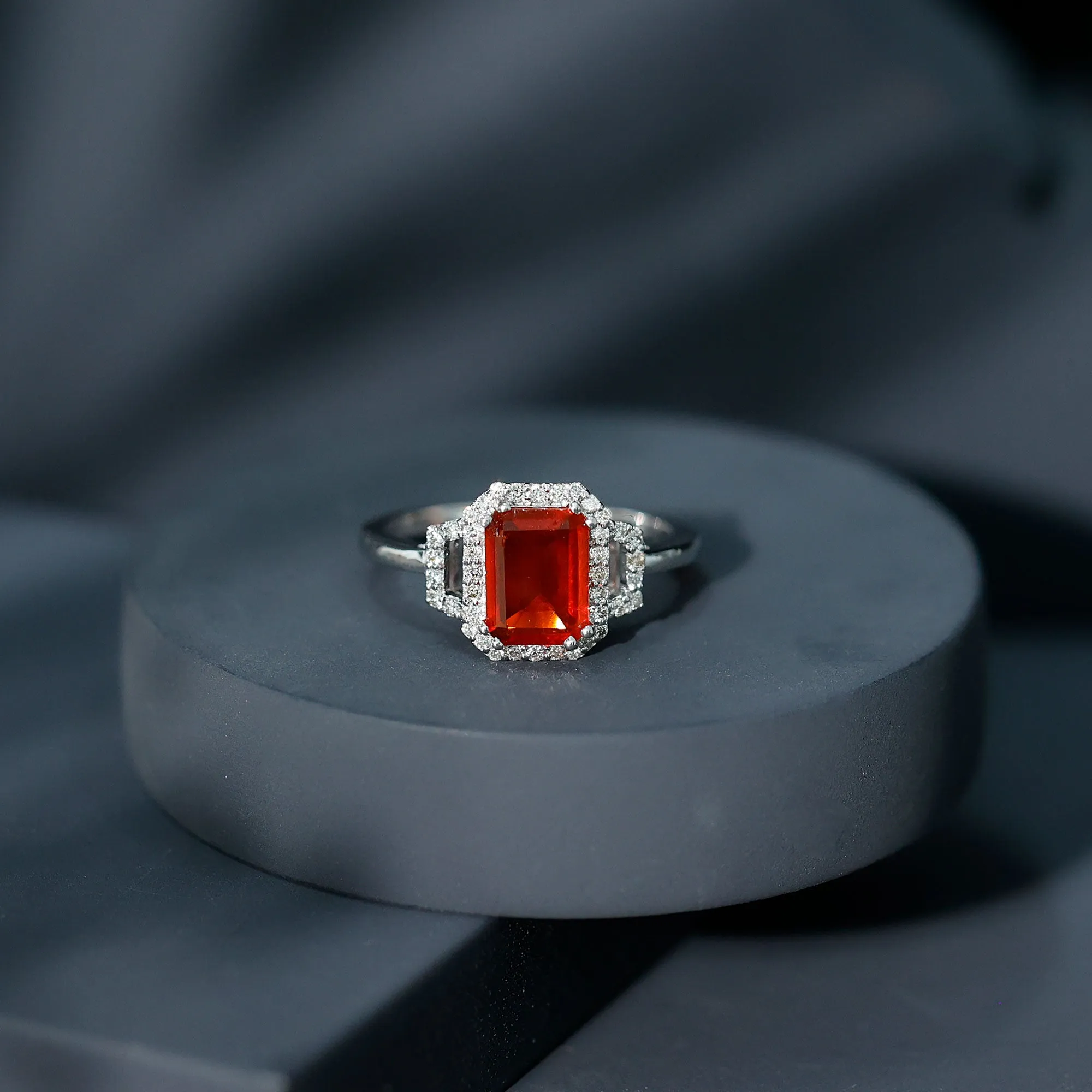 Emerald Cut Fire Opal Statement Engagement Ring with Diamond
