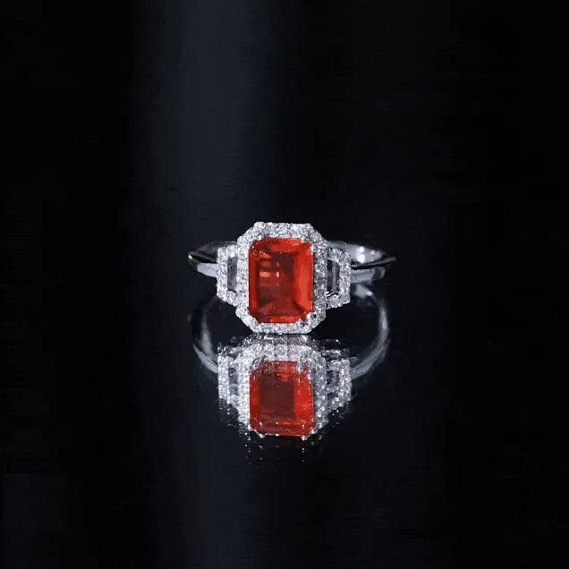 Emerald Cut Fire Opal Statement Engagement Ring with Diamond