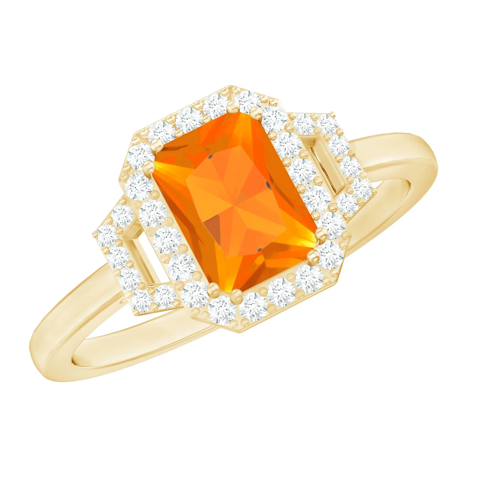Emerald Cut Fire Opal Statement Engagement Ring with Diamond