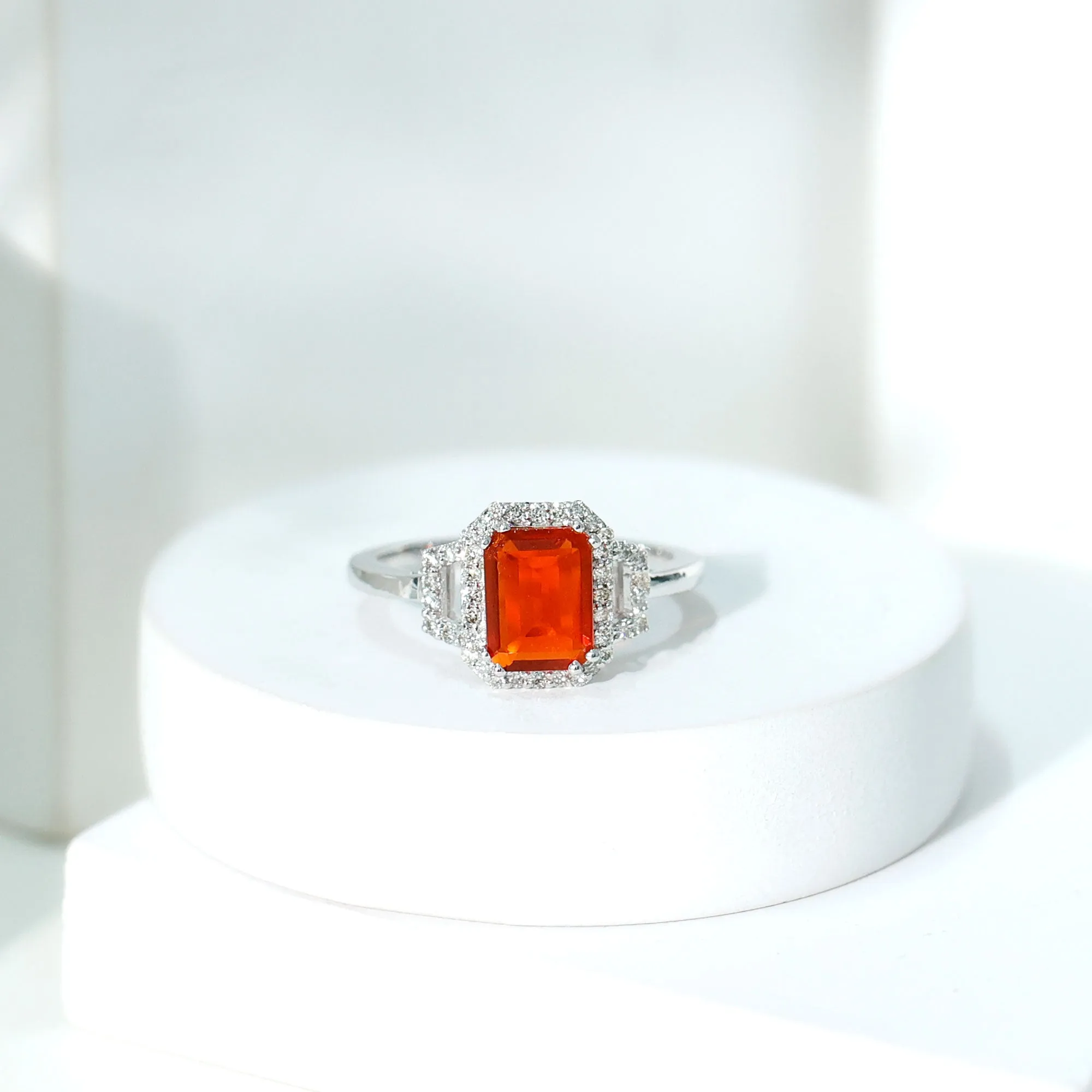 Emerald Cut Fire Opal Statement Engagement Ring with Diamond